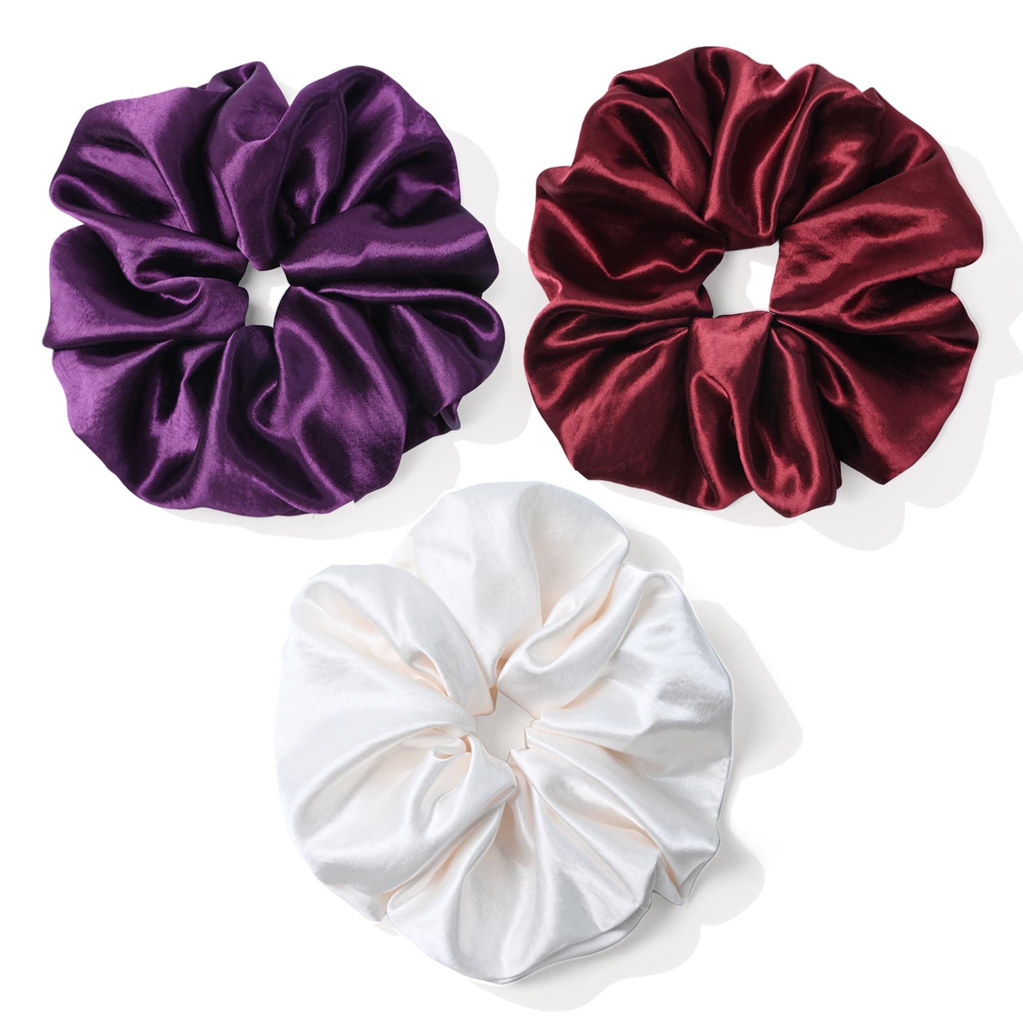 3-Pack Oversized Pearlized Satin Scrunchies for Women - Shimmer Large Scrunchies, Ivory, Purple, Burgundy