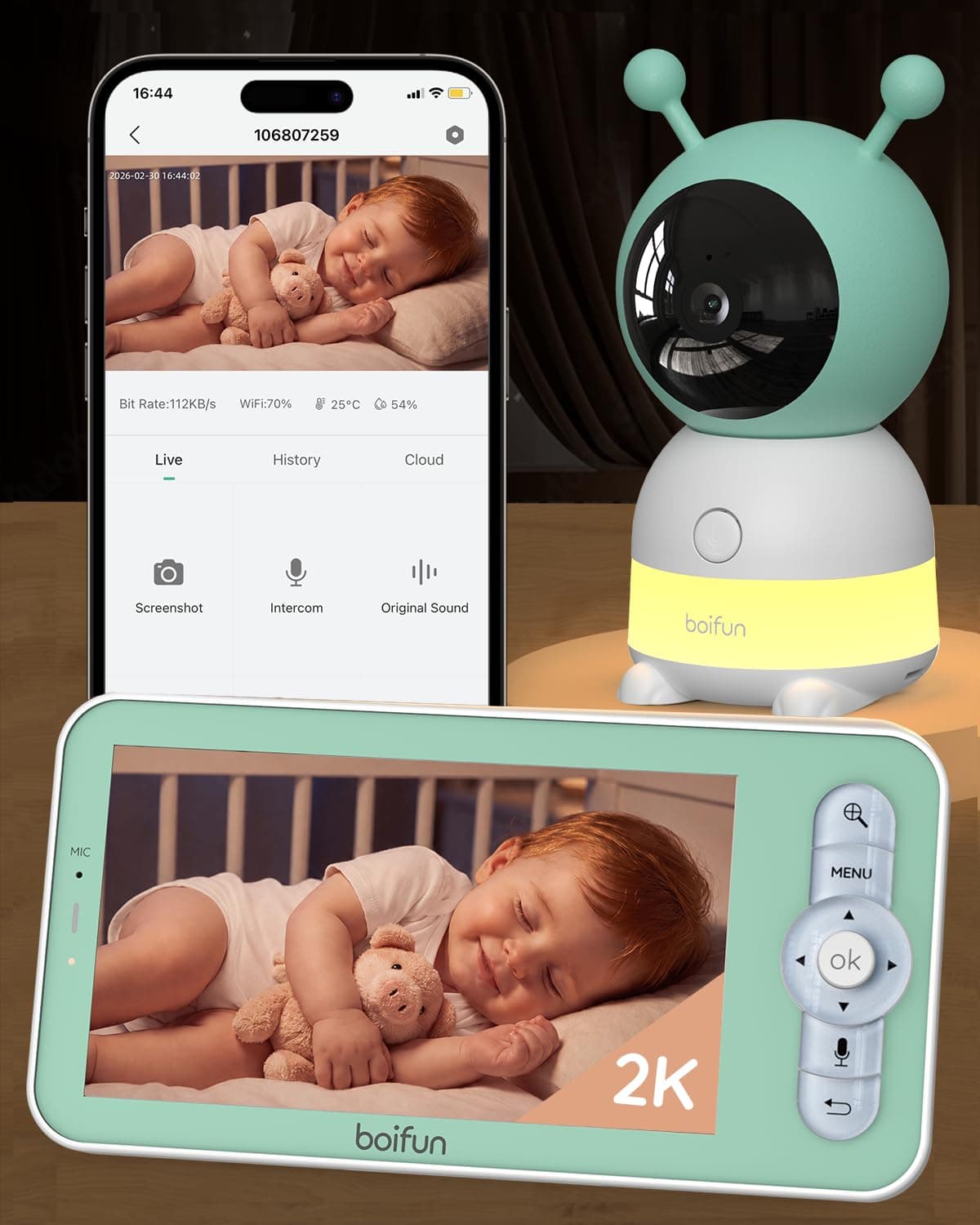 BOIFUN 2K Smart 5" WiFi Baby Monitor with APP, Night Light,1 Camera