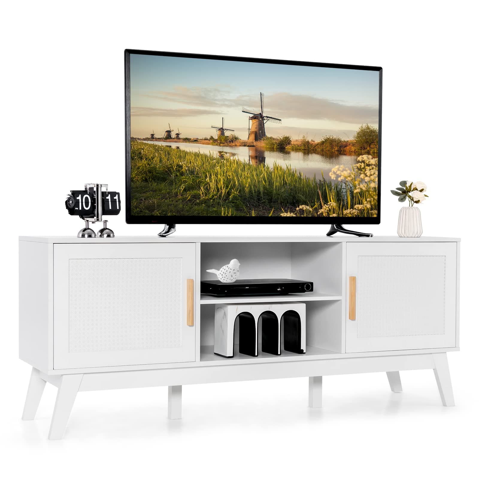 GLOBALWAY Mid-Century Modern TV Stand for 65-Inch Flat Screen TVs, 59” Entertainment Center Cabinet with 2 Rattan Doors & 2 Open Shelves, Storage Organizer for Living Room, Bedroom, Hallway, White