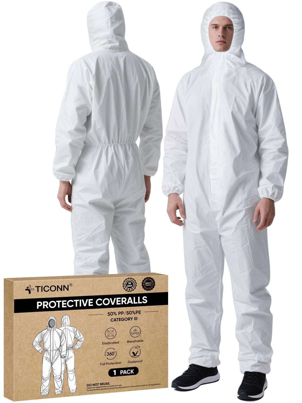 TICONN Hazmat Suit Disposable Coveralls, Full Body Lab Coverall Paint Suit