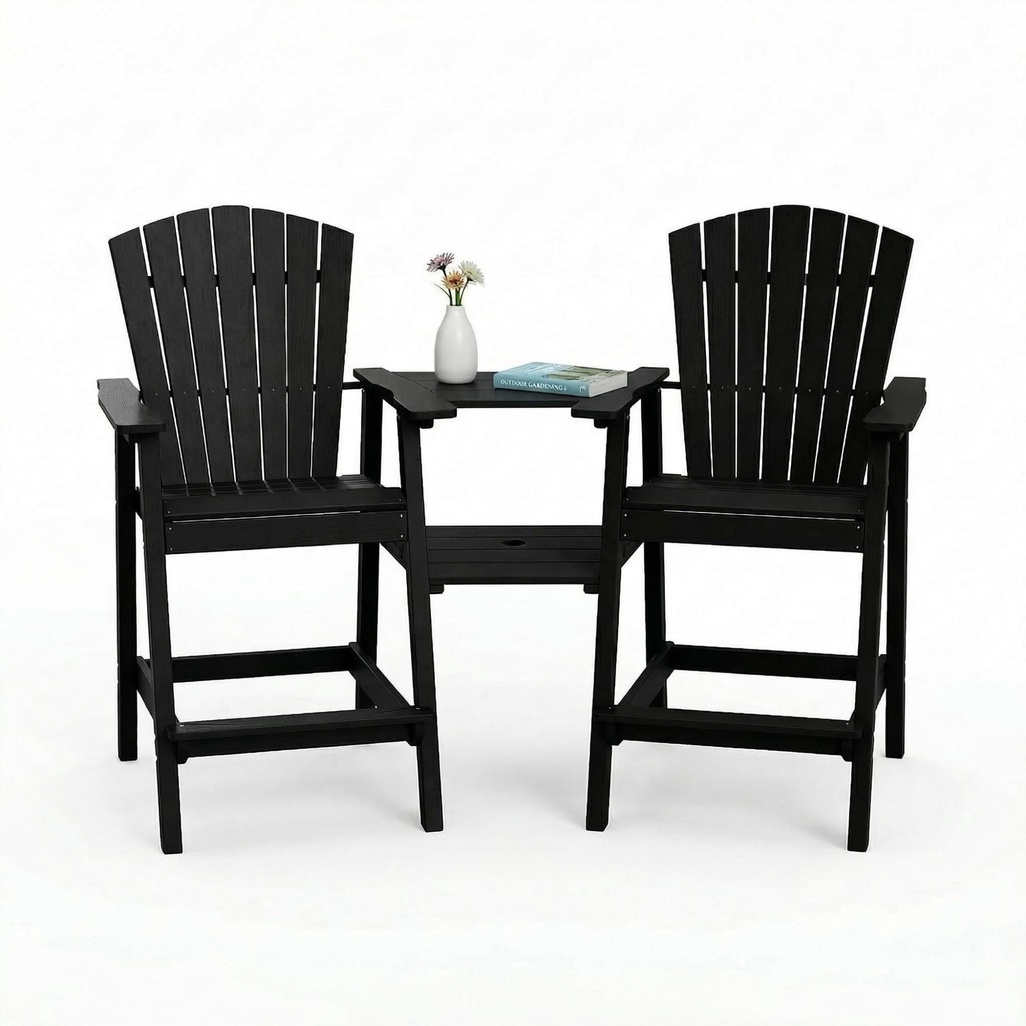 GLANC Tall Adirondack Chairs Set of 2, All Weather HDPE Bar Height Balcony Adirondack Chair with Removable Double Connecting Trays, Black Outdoor Adirondack Barstools for Deck Patio Yard Pool Lawn
