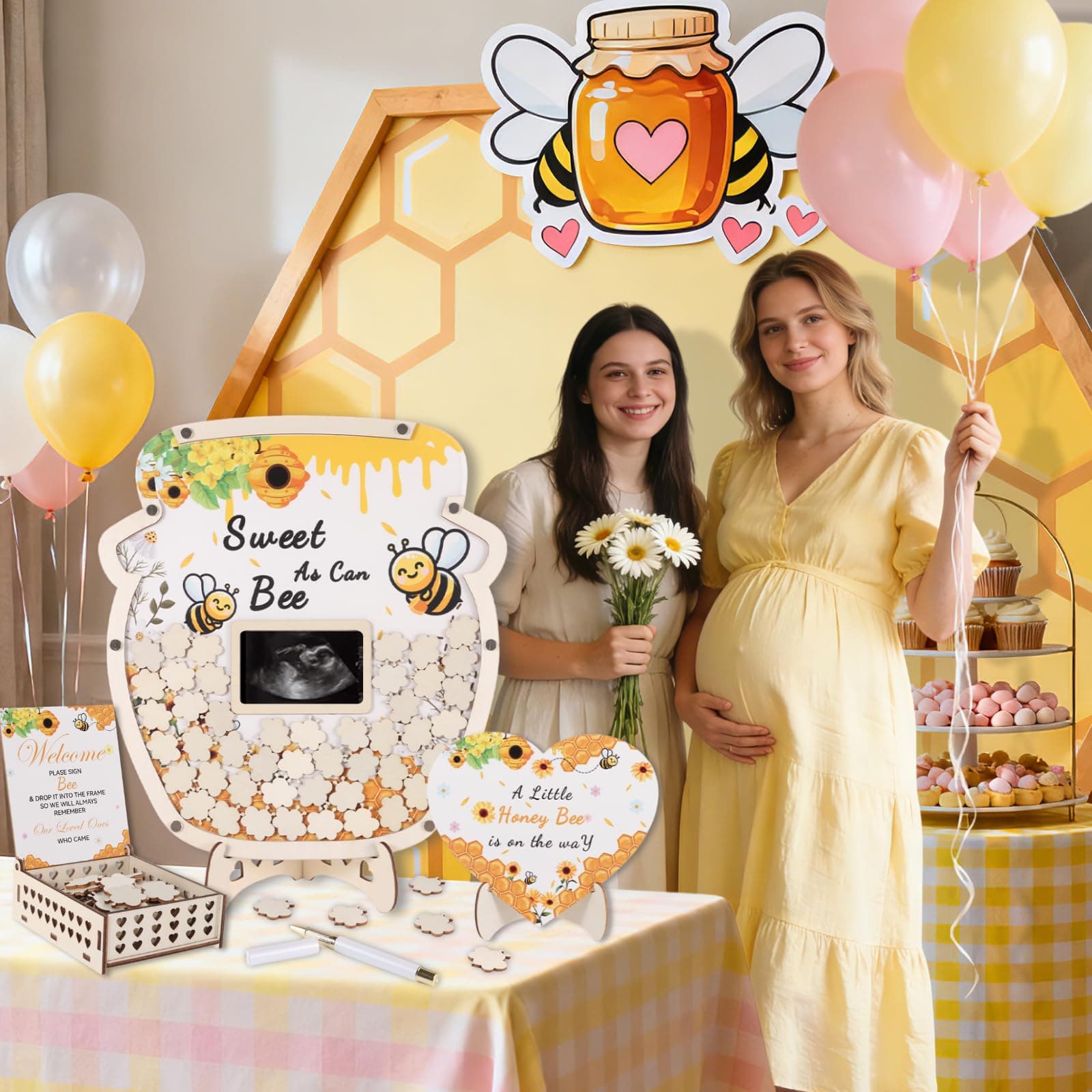 66pcs Bee Baby Shower Guest Book Alternative Wooden Guest Sign in Honey Jar with Sonogram Photo Frame Mom to Bee Guestbook Pregancy Keepsake Sweet As Can Bee Gender Reveal 1st Birthday Party Decors