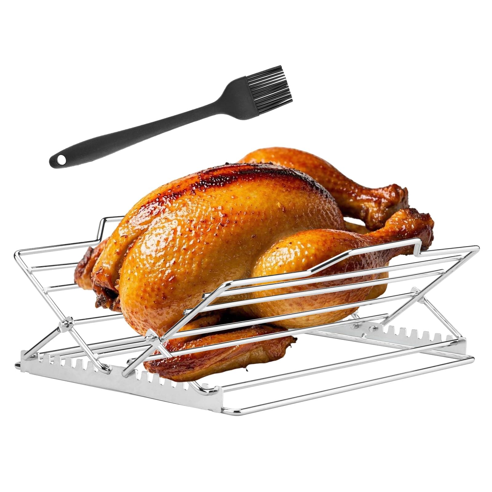 Ununpentium Adjustable Chicken Roasting Baking Broiling Rack,Non-Stick Stainless Steel Foldable Roasting Rack,V-Shaped Stand for Turkey Chicken Includes basting Brush (Silver)