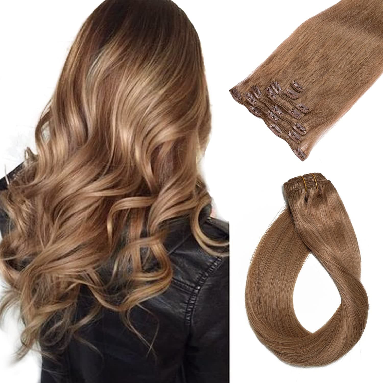 Human Hair Extensions Clip ins for White Women, Real Human Hair Extensions Golden Brown Clip in Hair 70 Gram 7 Pieces Straight Double Weft Remy Hair Extensions 18 Inch Clip on Hair for Full Head