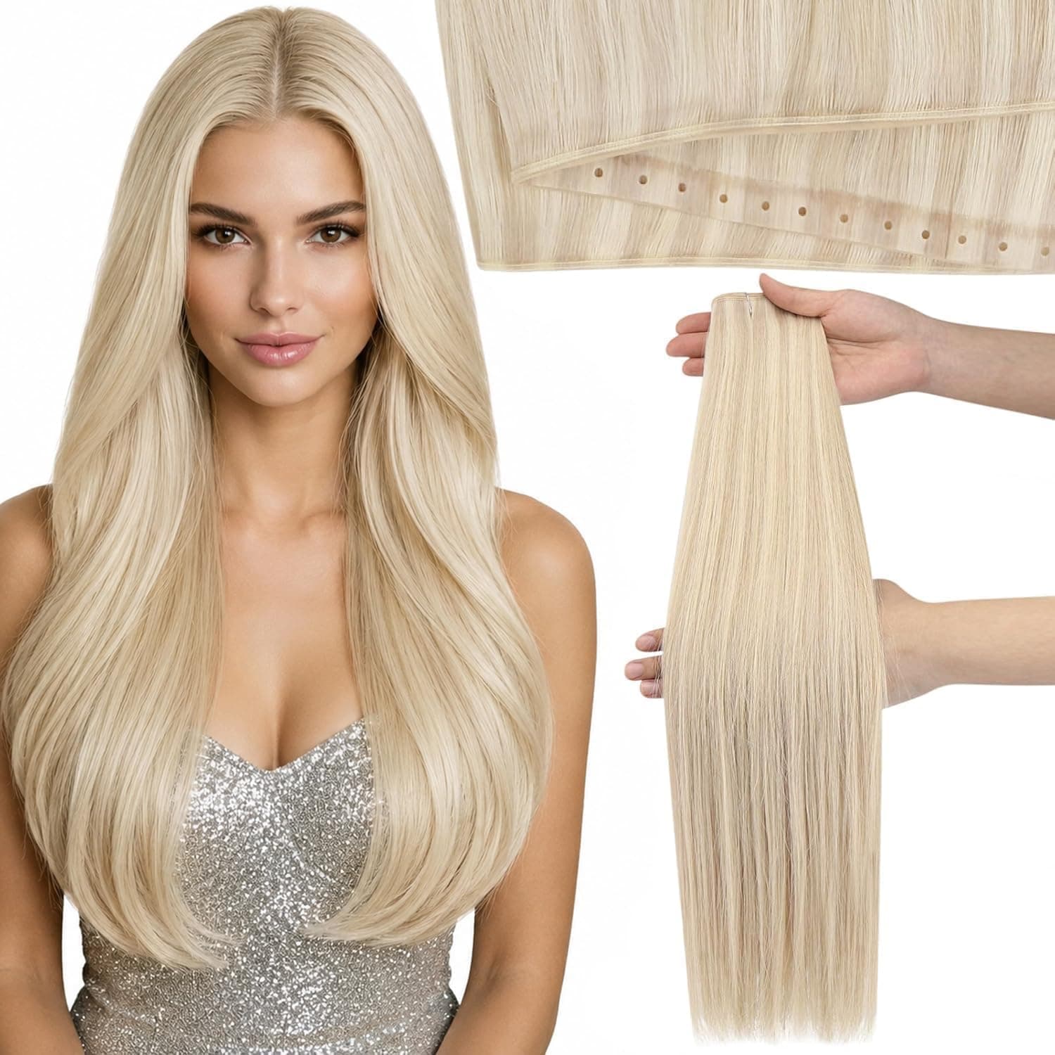 Moresoo Butterfly Weft Hair Extensions Human Hair, Remy Real Hair Extensions for Women, Ash Blonde Highlight with Blonde, Invisible Genius Weft, Cool-Toned Blend for Natural Volume, 50g 16inch