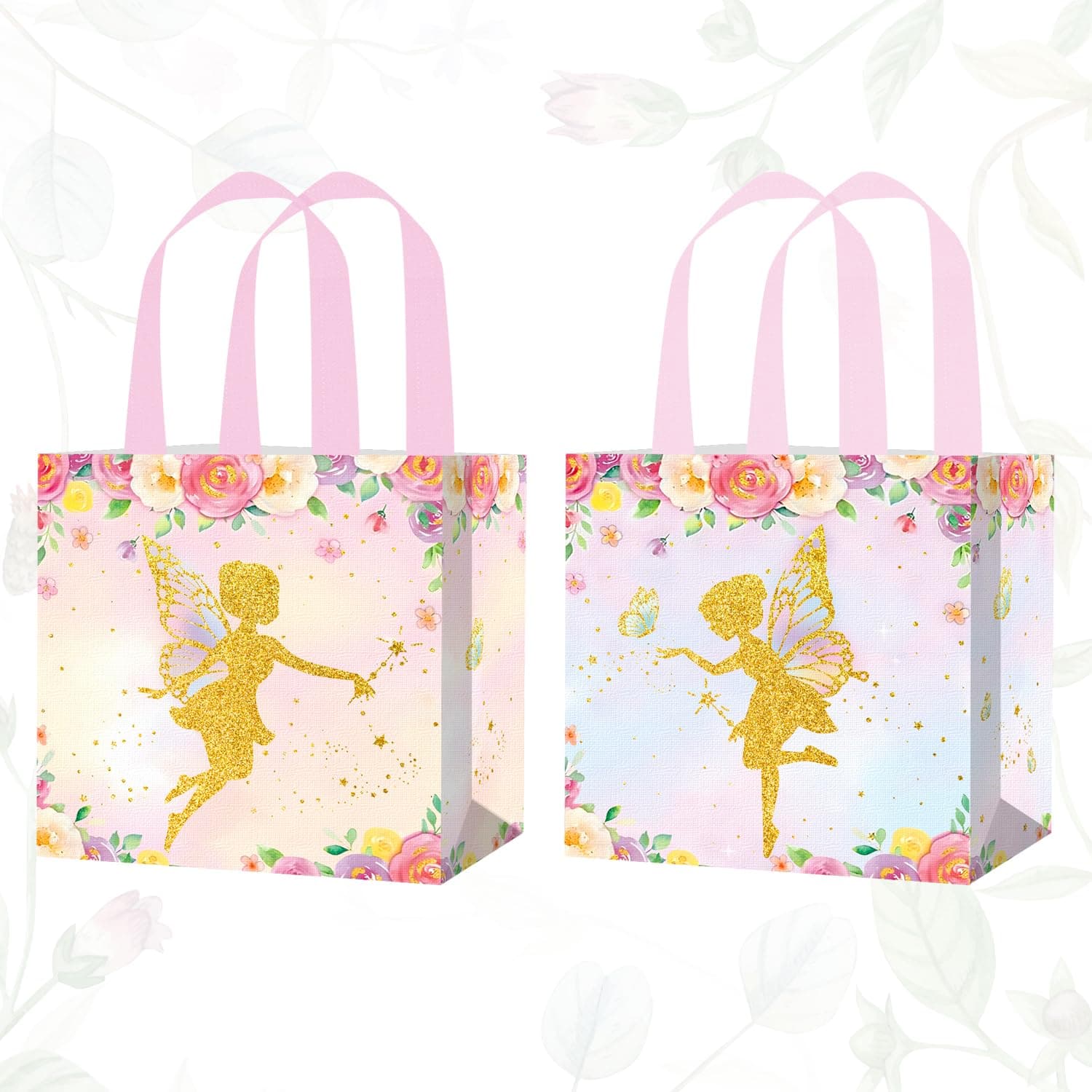 Fairy Party Favor Bags 12-Pieces Butterfly Fairy Theme Birthday Party Supplies Fairy Garden Gift Bag Non-woven Fairy Tale Party Treat Bags with Handles for Fairy First Birthday Baby Shower Decor