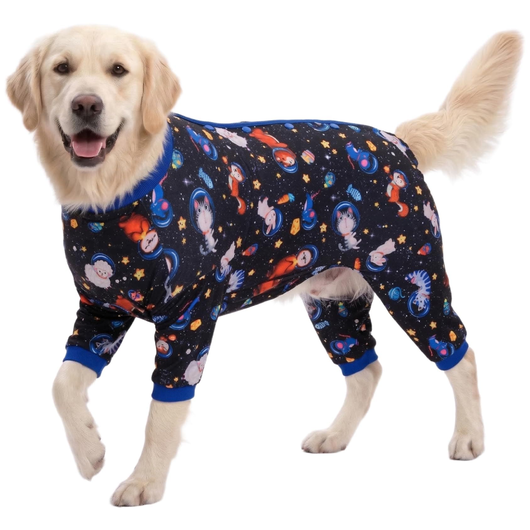 LovinPet Large Big Dog Pajamas - Anxiety Calming Dog Onesie, Undershirt for Dog Coats, Lightweight Stretchy 4 Legged Style Large Dog Jammies, Space Animals Black Print Pet Pjs,Black Large