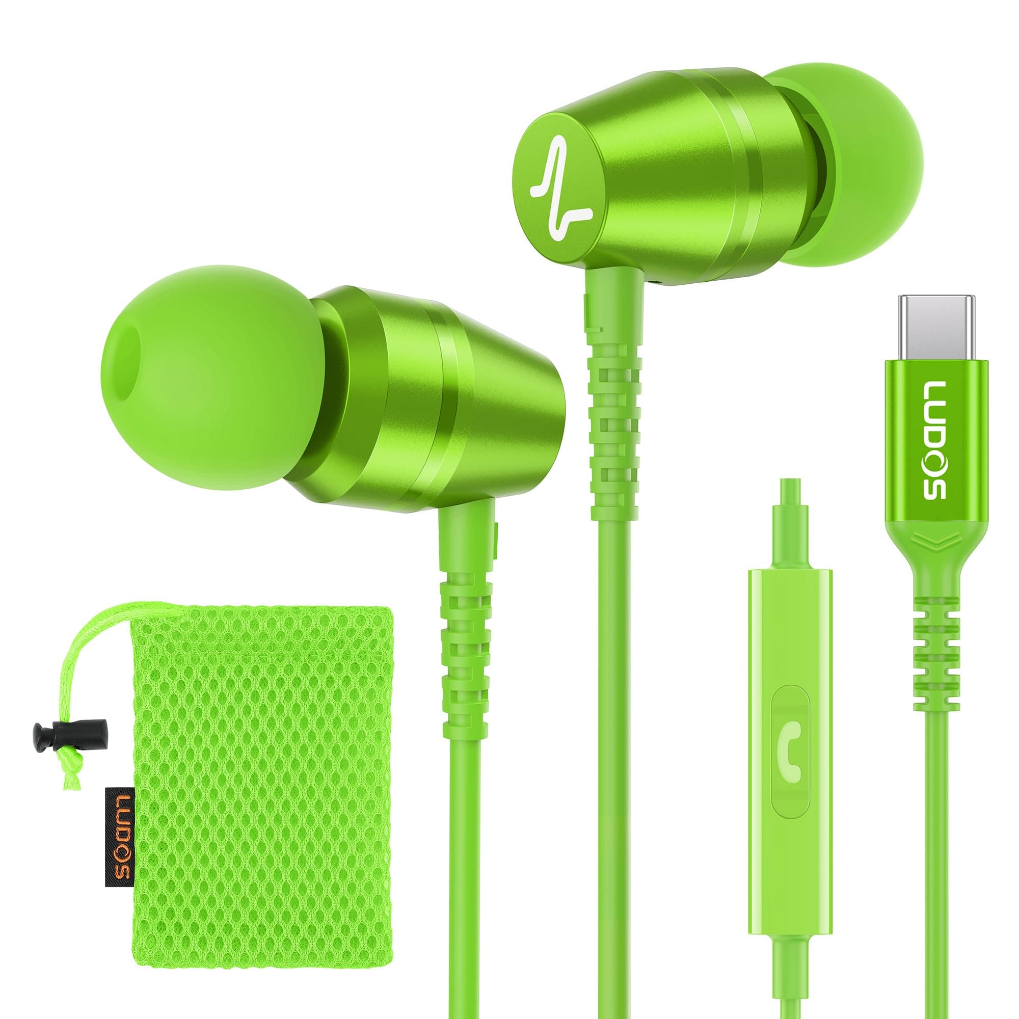 LUDOS OMNITONE USB C Headphones, 5 Years Warranty, USB-C Earbuds for iPhone 16 15 Pro Max Plus iPad Samsung Galaxy S24 S23 Ultra S22 S21 FE S20 Z Flip 3 Fold 4 A53 A54, USB Type C Earphones - Green