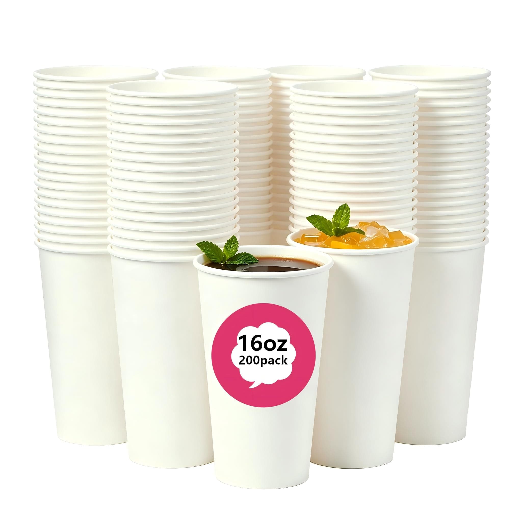 Beuevel 16 oz Disposable Paper Cups 200 Pack, White Large Hot/Cold Drinking Cups, Sturdy Coffee Cups, Heavy Duty Water Cups for Home Office Party Travel, Insulated Bulk Disposable Cups