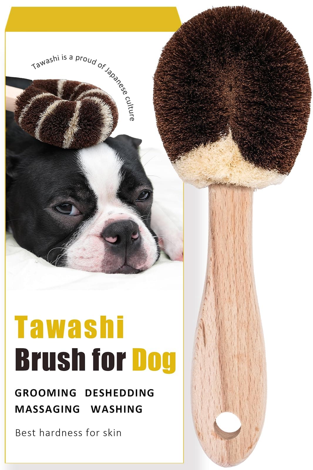 Wablade Dog Grooming Massage Tawashi Brush with Wood Handle Less Static Natural palm fiber Made in Japan (Small dog B)