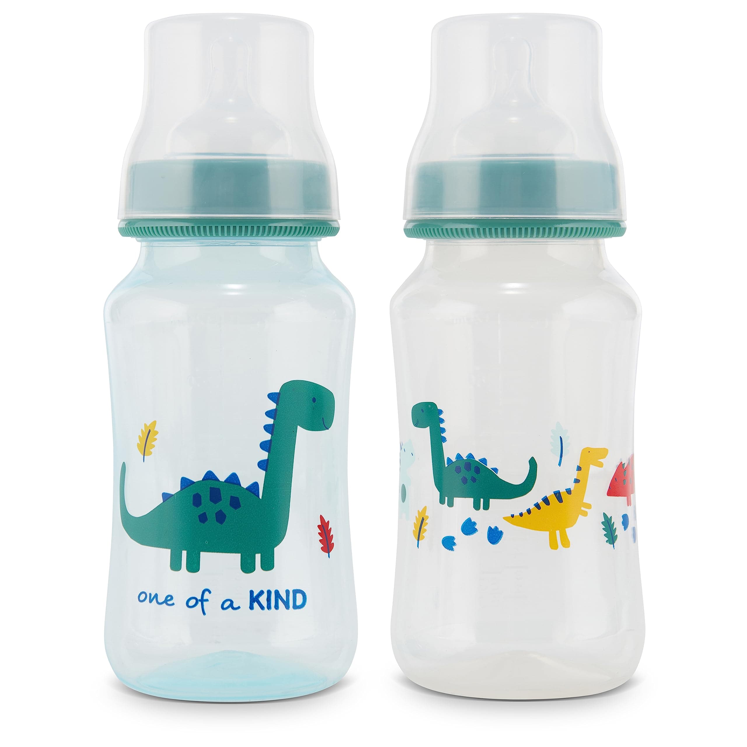 Premium 2-Pack Baby Bottles - 11 Ounce, Hourglass Shape, Fun Boys and Girls Prints, Clear Cover - BPA-Free