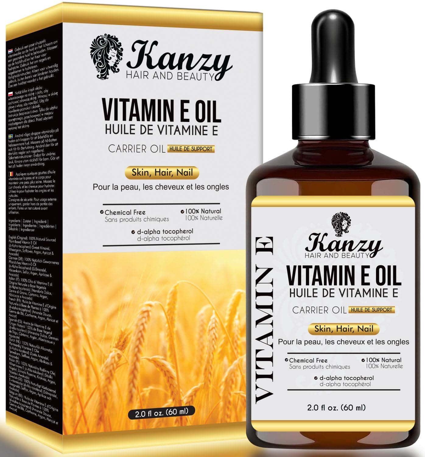 Kanzy Vitamin E Oil 60ml for Face, Skin, Hair, Nails and Body – Plant-Based d-Alpha-Tocopherol, Pure Moisturizing Oil for Daily Care for Women and Men