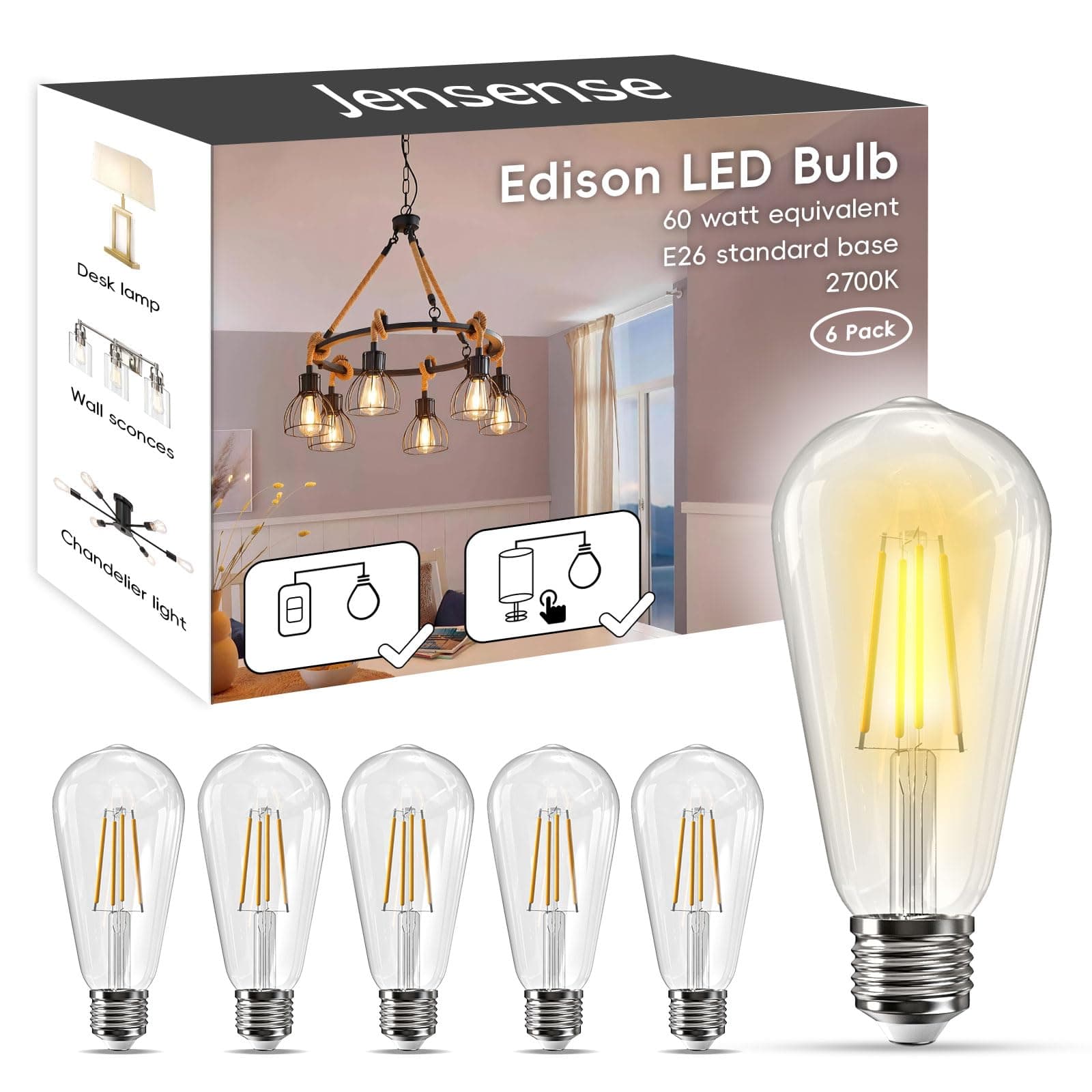 Jensense Edison Bulbs E26 LED Bulb 60 Watt Equivalent, Vintage LED Light Bulbs CRI90+ ST19, Dimmable Clear Light Bulbs (2700K Warm White, 7watt-6 Pack)