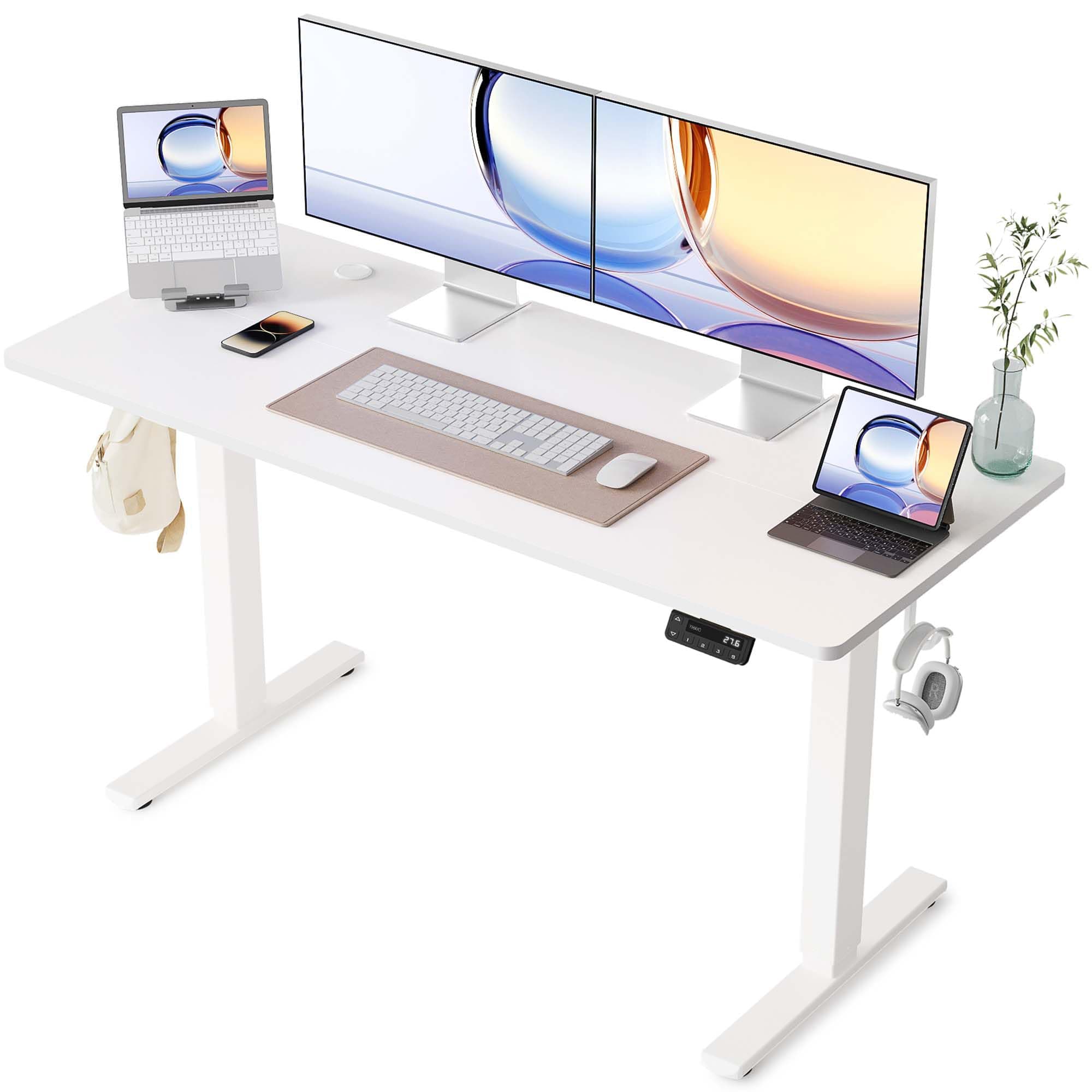 YIHAYO Standing Desk, Adjustable Desk, 55 x 24 Inches Stand Up Desk with Splice Board, Adjustable Height Desk, Electric Desk Computer Desk for Home Office, White Frame/White Top