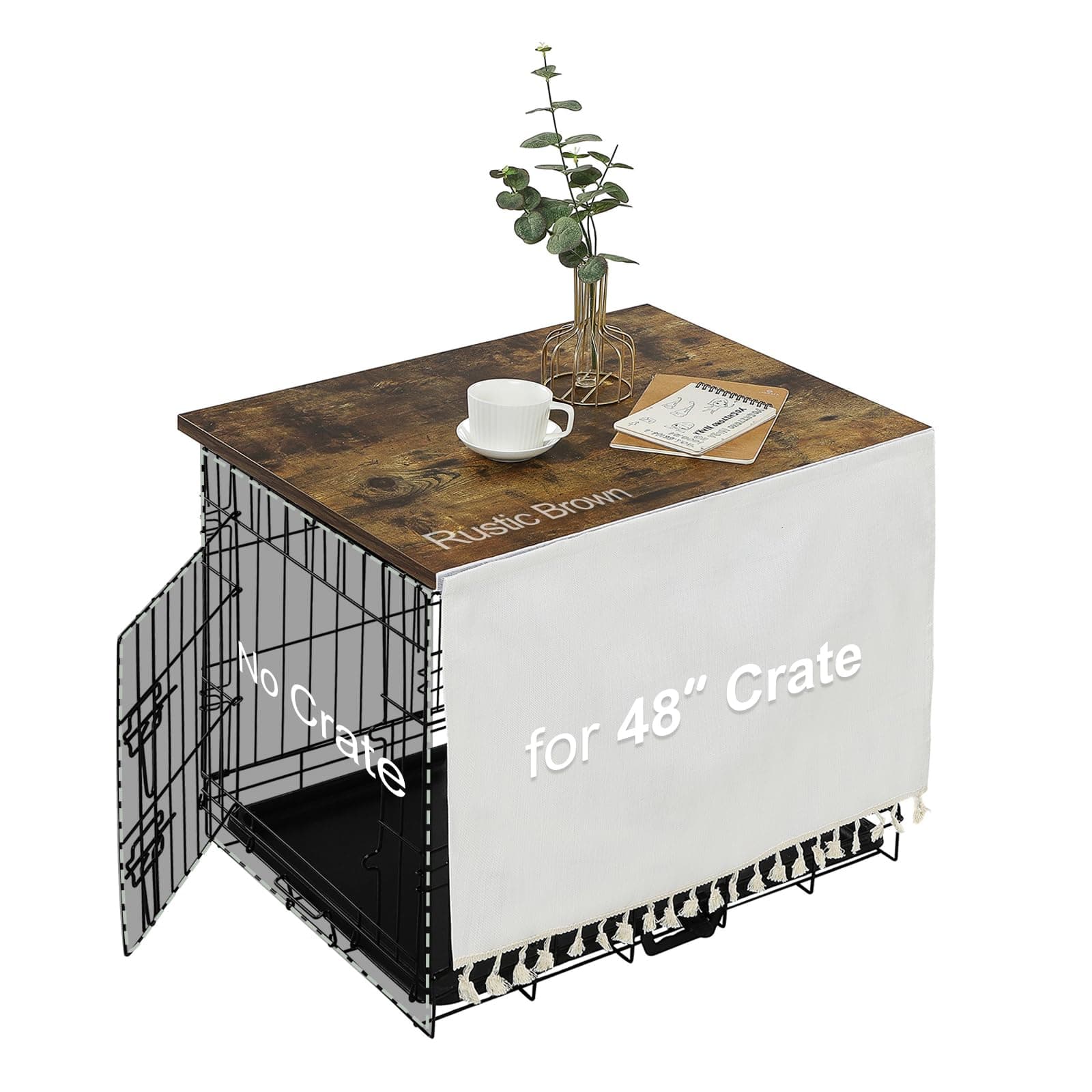 VIE DE AMAN Dog Crate Topper Wood for 48 42 36 24 inch Cages, Dog Crate Table Topper with Tassel Curtain, Rustic Style Dog Kennel Topper, Rustic Brown(Dog Crate Not Include)
