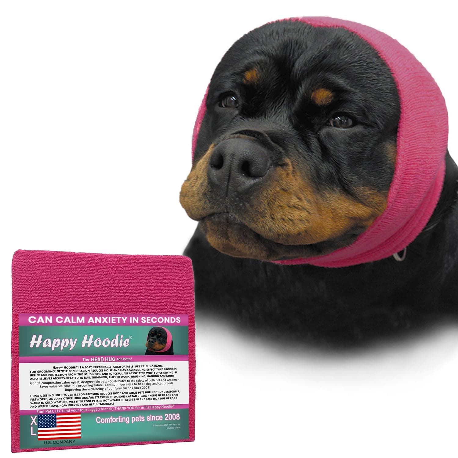 Happy Hoodie The Original Dog & Cat Calming Band - American Brand - Anxiety Relief/Noise Protection-Grooming-Thunder-Fireworks (X-Large, Pink) - Since 2008