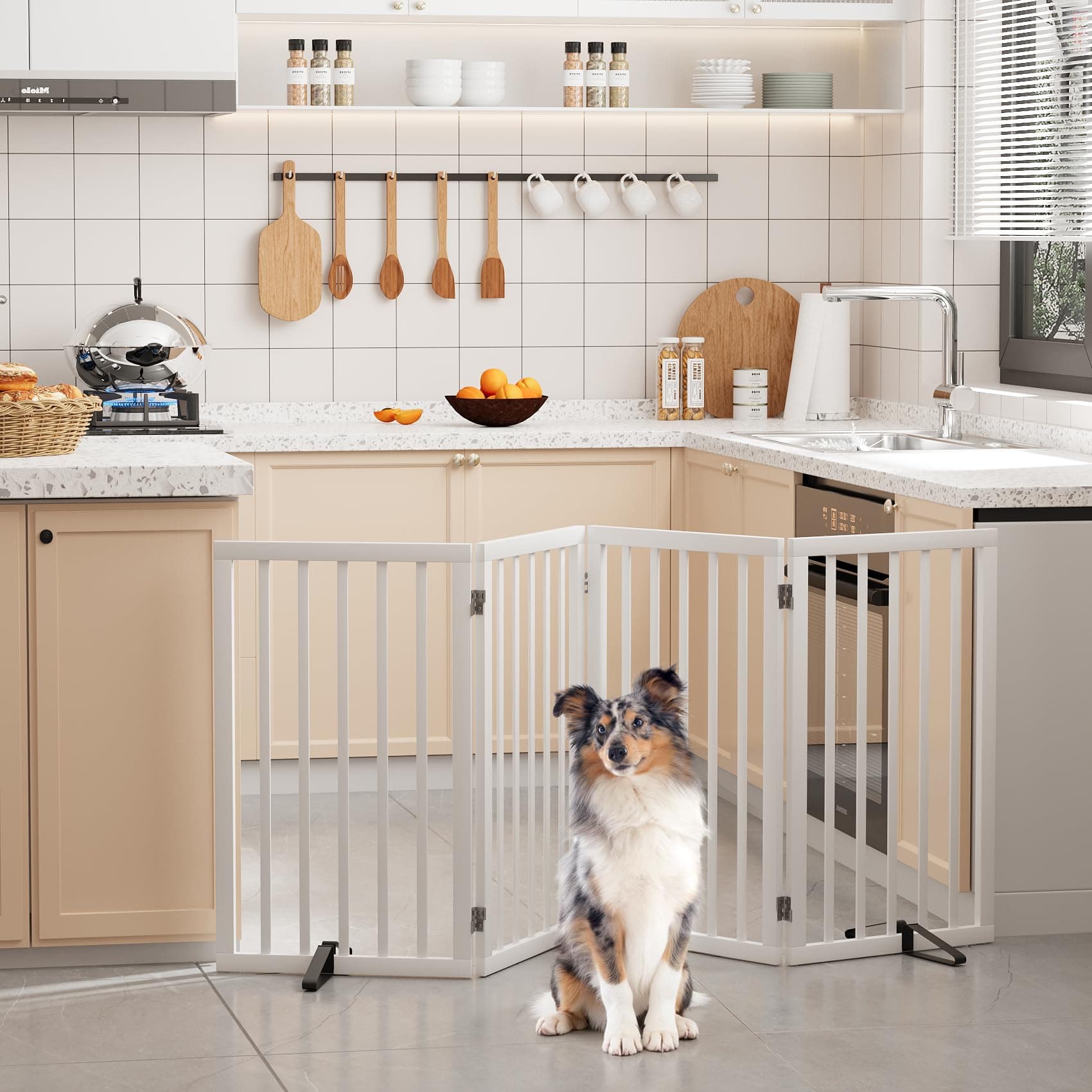 82cm Extra Tall Freestanding Dog Gates Indoor, 4-Panel Bamboo Wood Door Gates for Pets with 2 Metal Stands and 360°Hinge, Folding Pet Barrier for Stairs, Doorways, Kitchen 188cm x 82cm - White