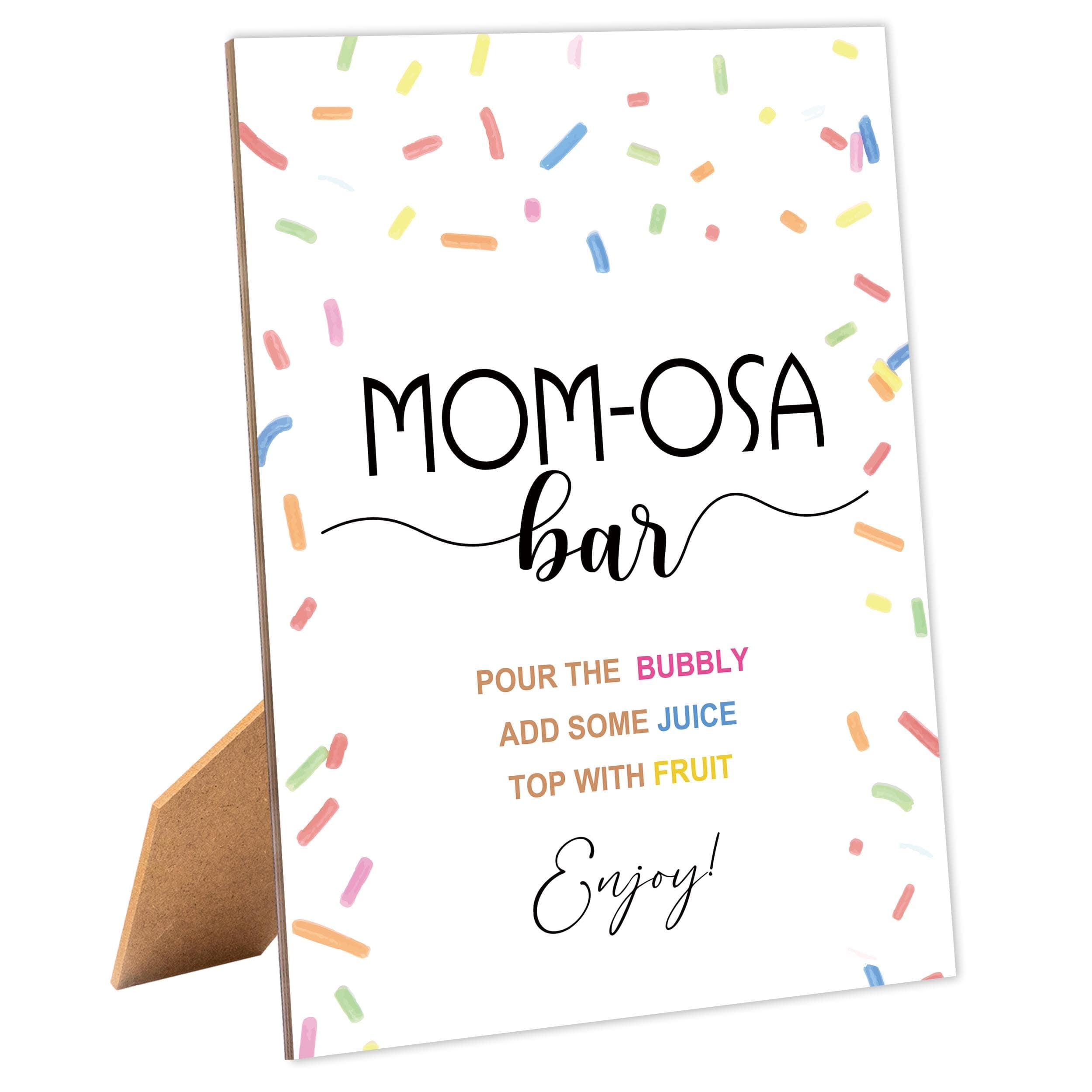 Sprinkle Baby Shower Mom-osa Bar Sign, Table Decor Baby Shower Sign, Pack of 1 Wooden Tabletop Sign with Stand, Baby Shower Decoration, Gender Neutral - MG07