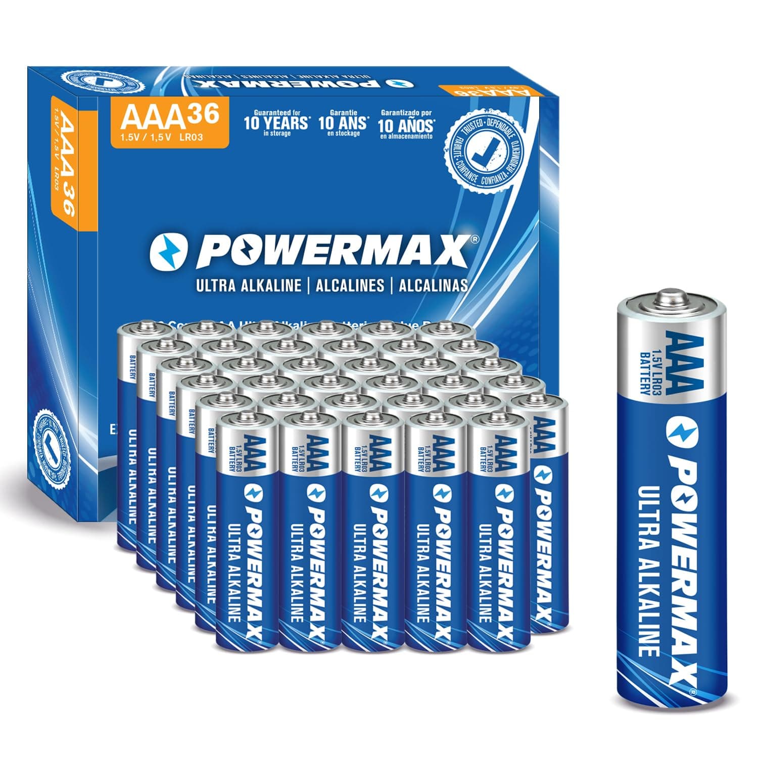 Powermax 36-Count Triple AAA Batteries, Ultra Long Lasting Alkaline Battery for Home and Office, 10-Year Shelf Life, Reclosable Packaging