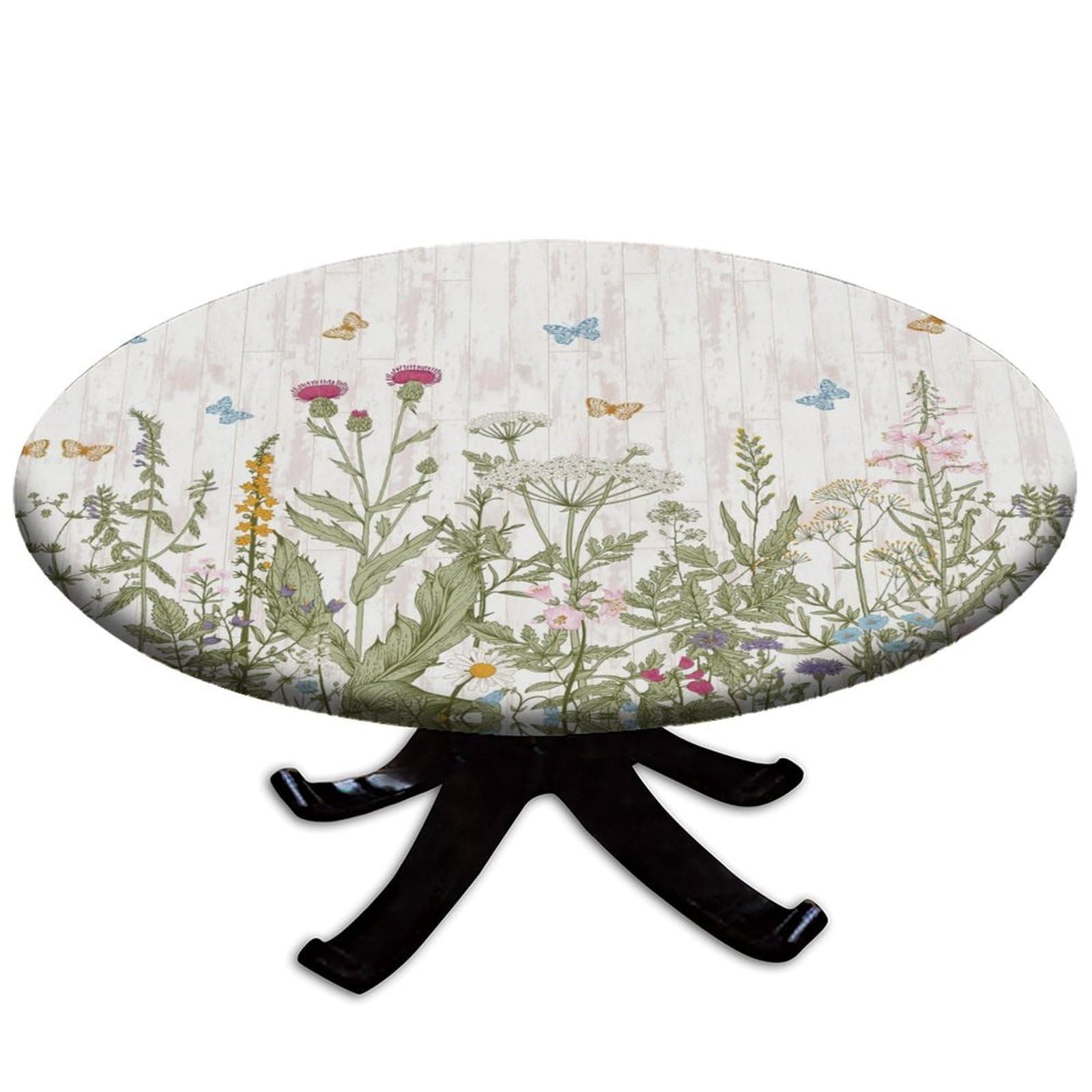 Round Fitted Tablecloth with Elastic Edge, Wildflowers and Butterflies Washable Wipeable Table Cloth, for Outdoor Picnic Camping and Indoor Kitchen Dining Party, Fit for 28" Table