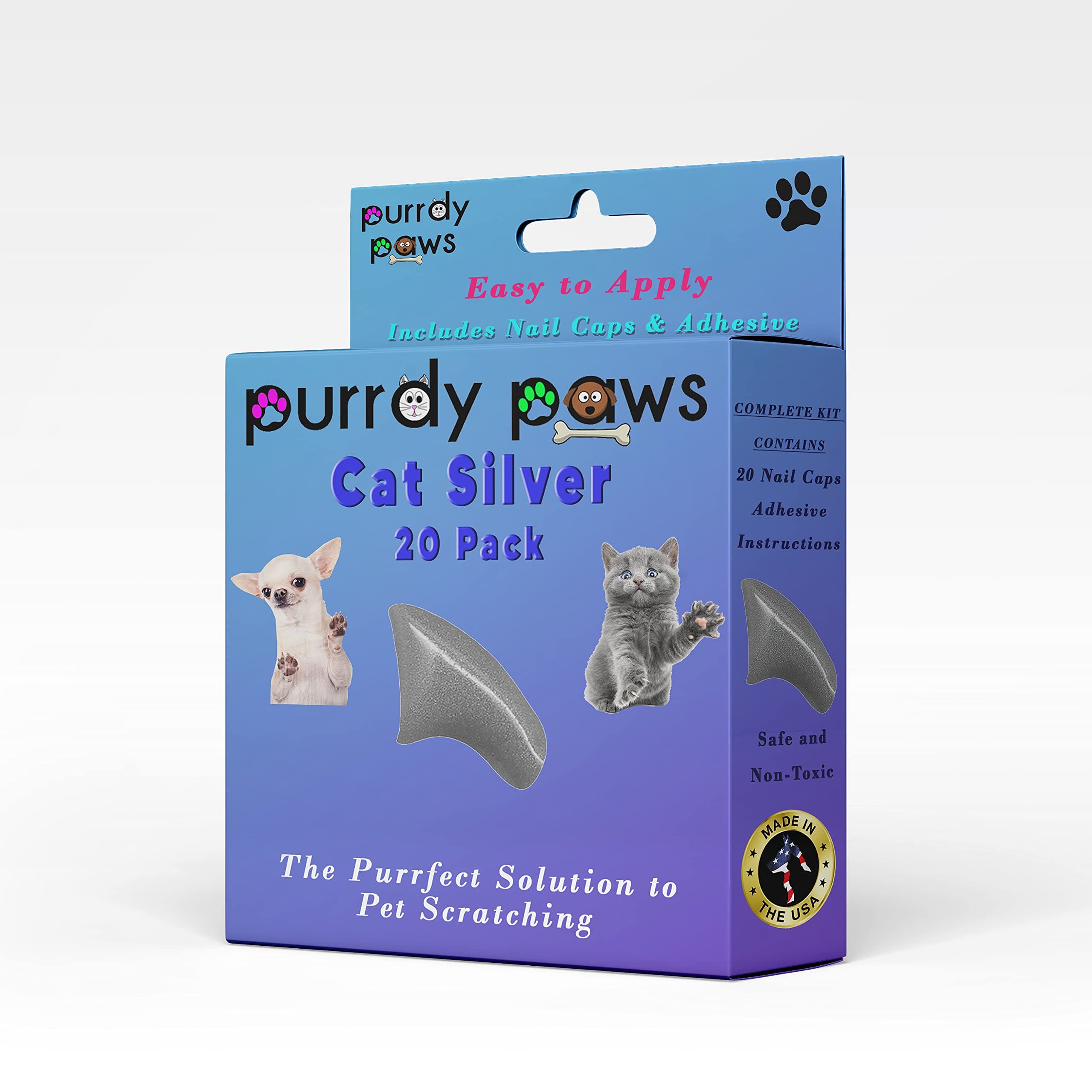 Purrdy Paws Soft Nail Caps for Cat Claws Metallic Silver Kitten