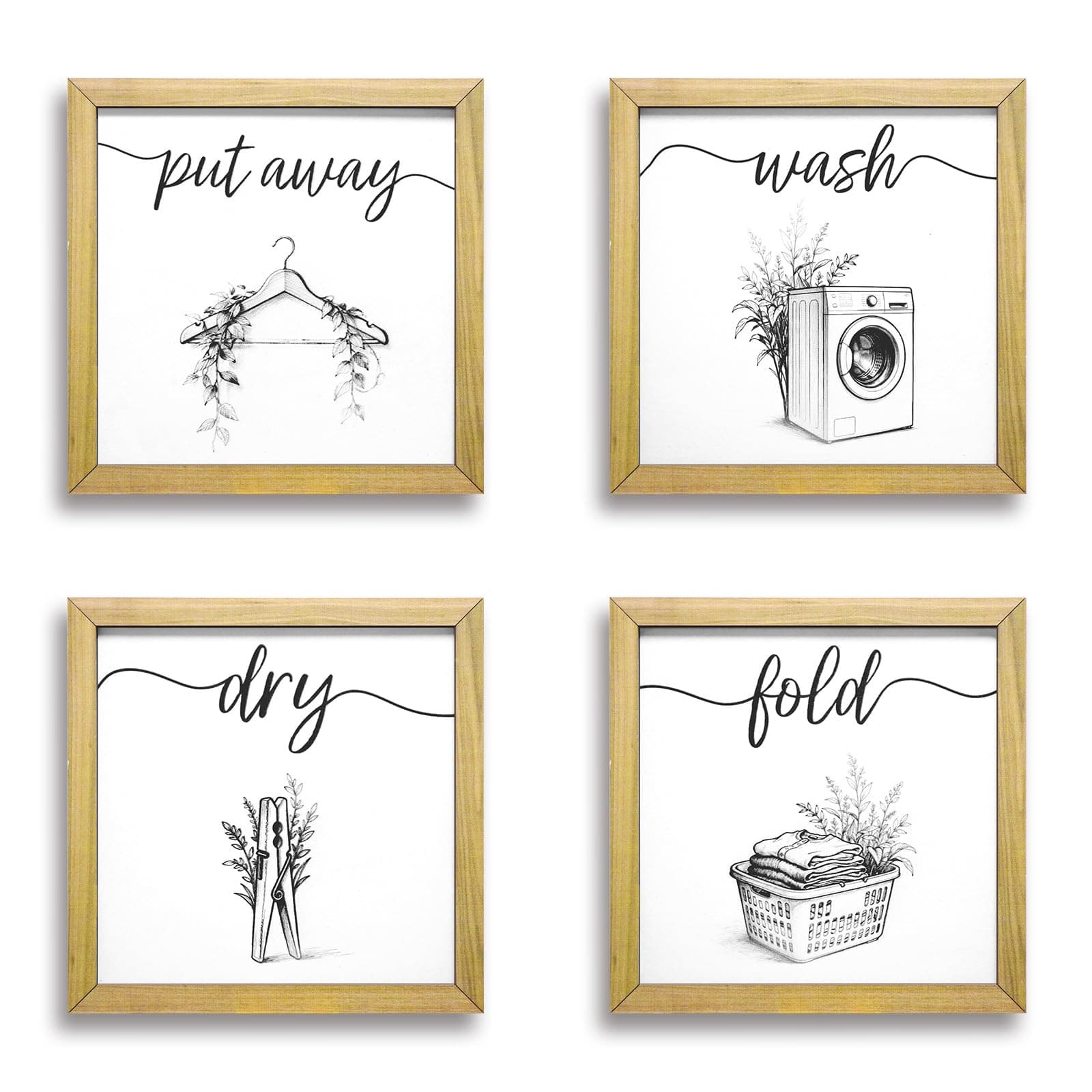 KOYILTD 4 Pcs Farmhouse Style Laundry Room Decor, Laundry Sign Set of Fold Wash Dry Put Away With Wooden Frame,Laundry Room Decor and Accessories, Farmhouse Wall Decor for Laundry (C)