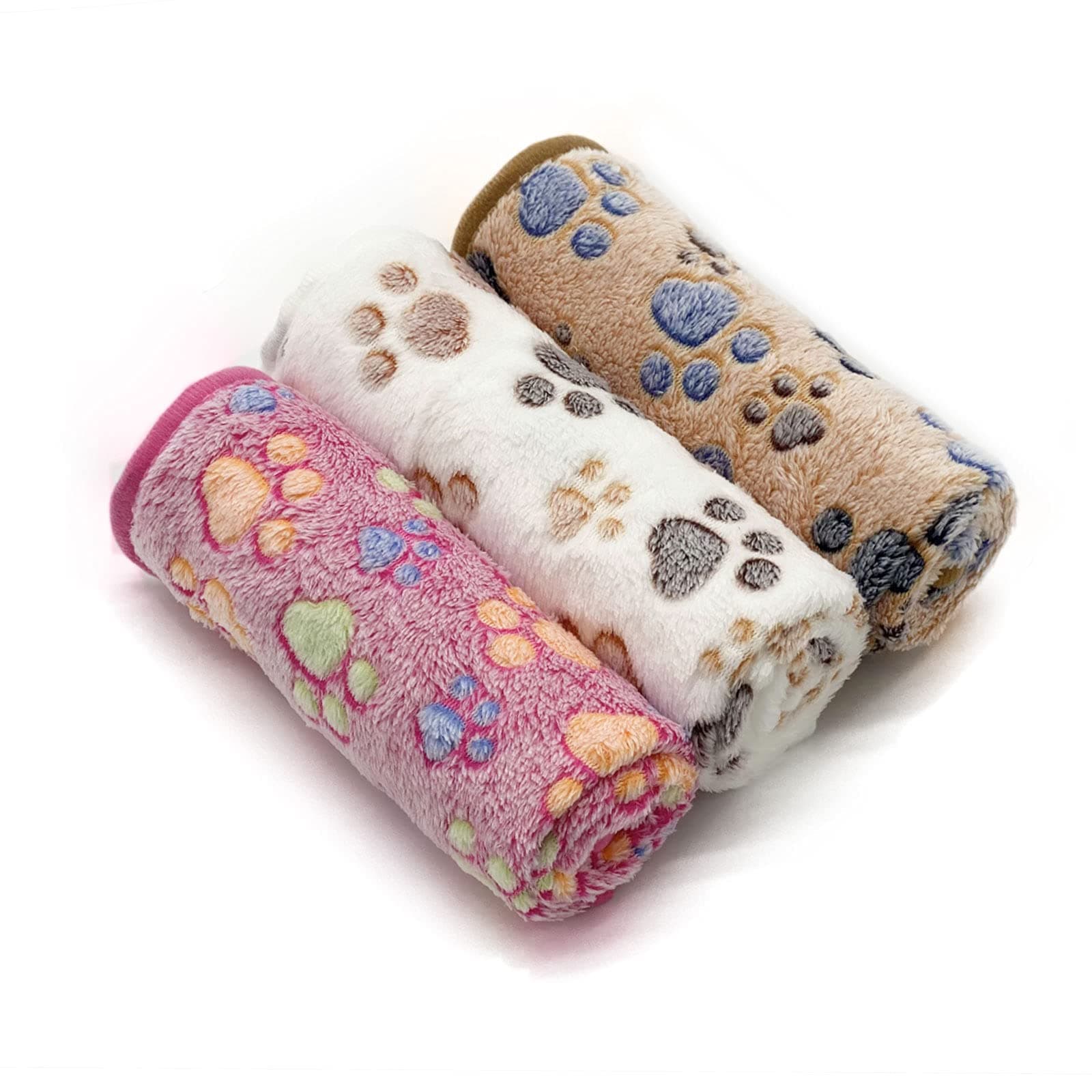 SORKUT 1 Pack 3 Puppy Dog Blankets Super Soft Warm Sleep Mat Fluffy Premium Fleece Pet Blanket Flannel Throw for Dog Puppy Cat - Paw Print Beige/Pink/Brown Large(40"x30")