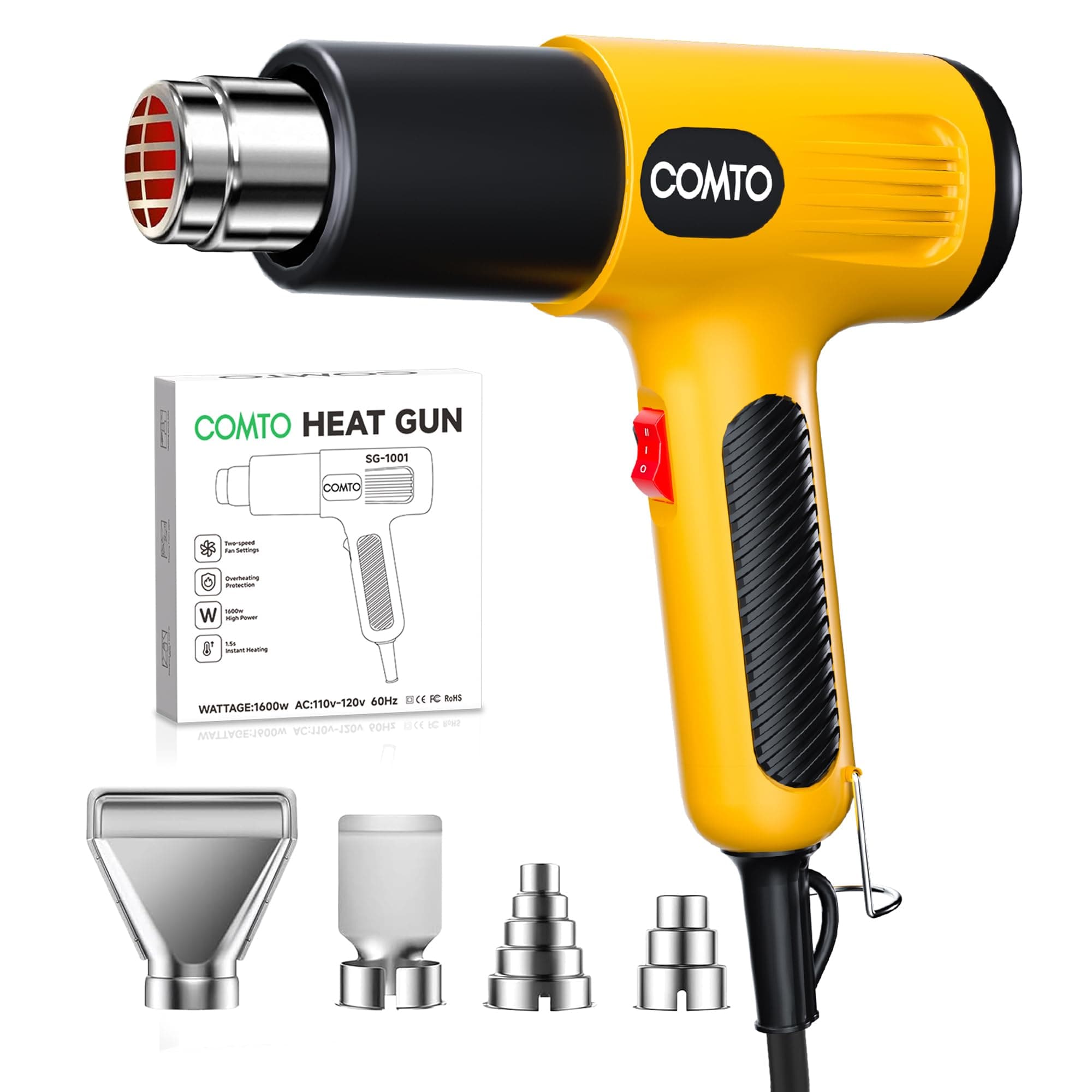 COMTO 1600W Heat Gun, Hot Air Gun with 2 Temp Settings, 4 Nozzles, Overheat Protection, for Shrink Tubing, Shrink Wrap, Crafting, Resin, and DIY Projects - Yellow