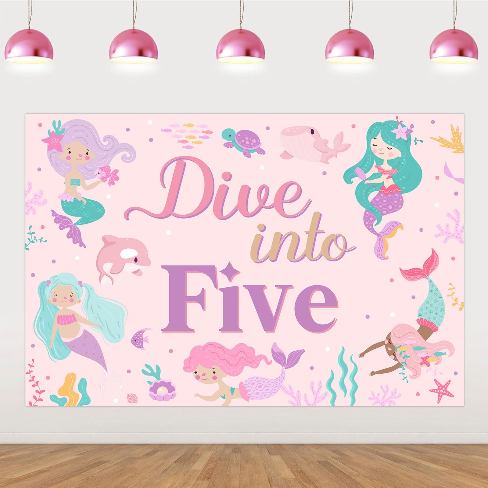 Mermaid Theme Dive Into Five Backdrop Banner 4.92 * 3.28ft Little Mermaid 5th Birthday Decoration Ocean Sea Animals 5 Years Old Bday Decors Under The Sea Pearl Shell Turtle Baby Shower Party Supplies