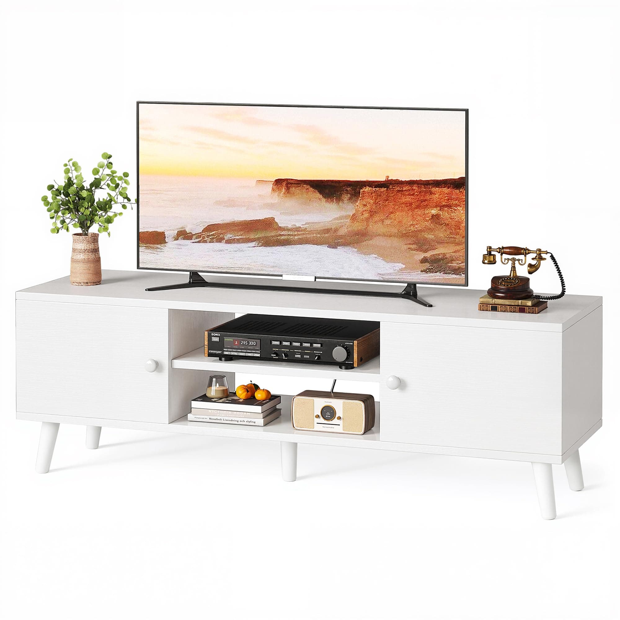 Mexin TV Stand for 55 60 Inch TV, Entertainment Center with Storage, TV Console Bench with 2 Doors 4 Cord Holes for Living Room Bedroom - White