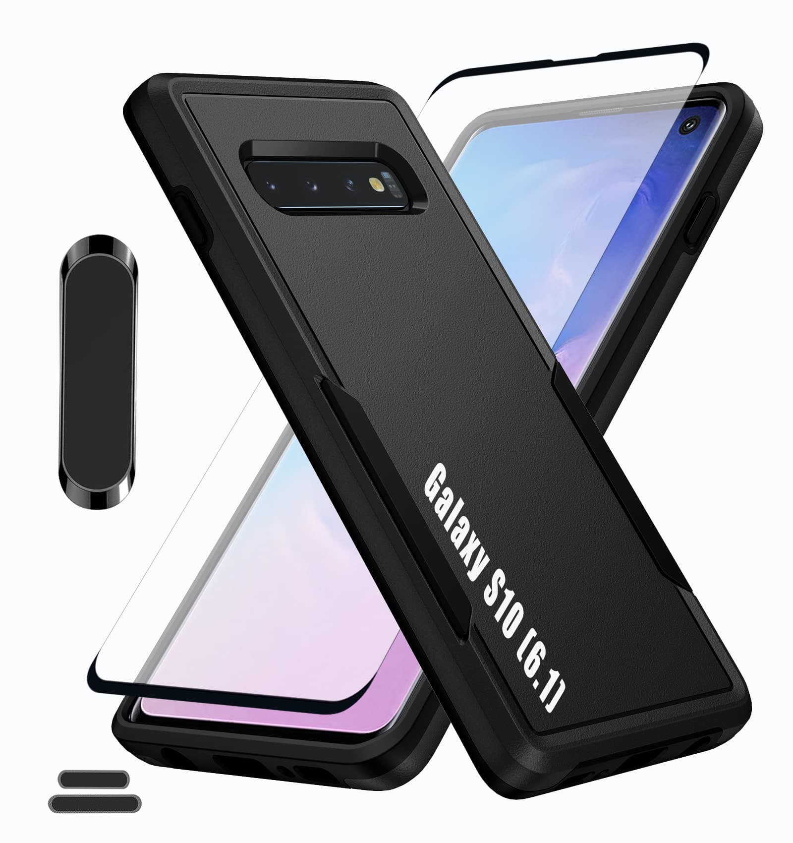 LMDAMZ for Galaxy S10 6.1 Inch Double Layer Hybrid Military Grade Rugged Shock Resistant Drop Case with 1 PCS Magnetic Car Mount and 1 PCS HD Tempered Glass Screen Protector (Black)