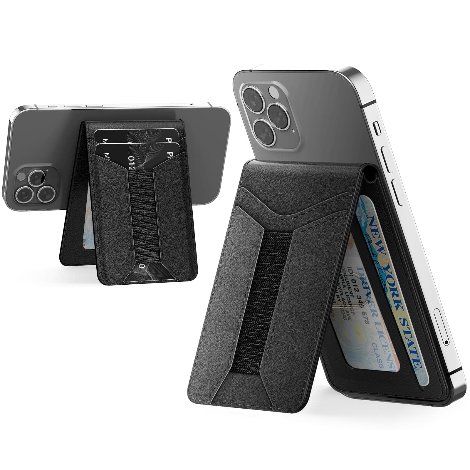 Padike for Magsafe Wallet, Magnetic Phone Wallet with Elastic Band for Extra Card Storage, Magnetic Card Holder with Adjustable Kickstand (Black)