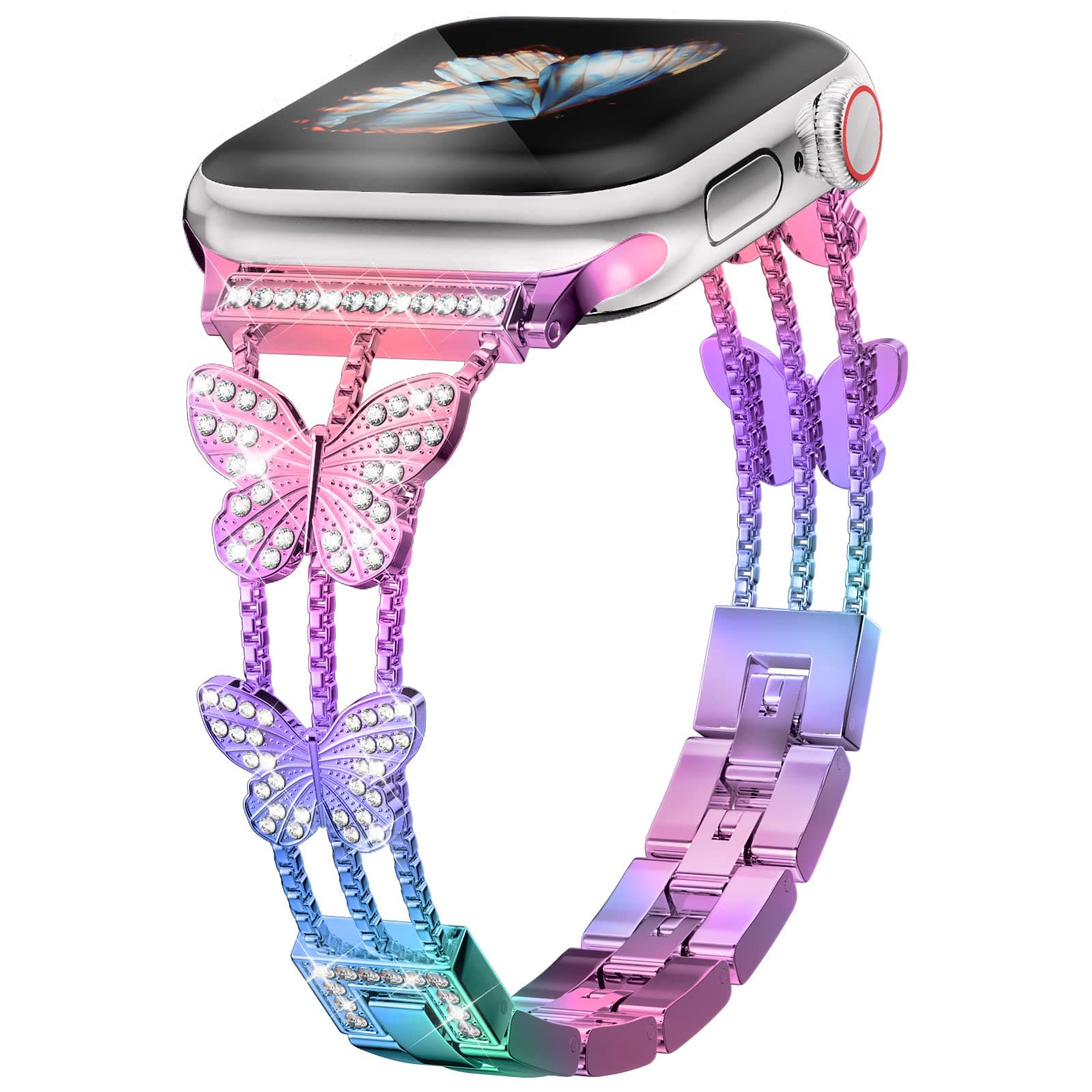 Musk-MSKR Colorful Watch Bands for Women Compatible with Apple Watch Band 42mm 44mm 45mm 46mm 49mm Adjustable Metal Rhinestone Butterfly Bracelet for iWatch Series 1/2/3/4/5/6/7/8/9/10/SE/Ultra