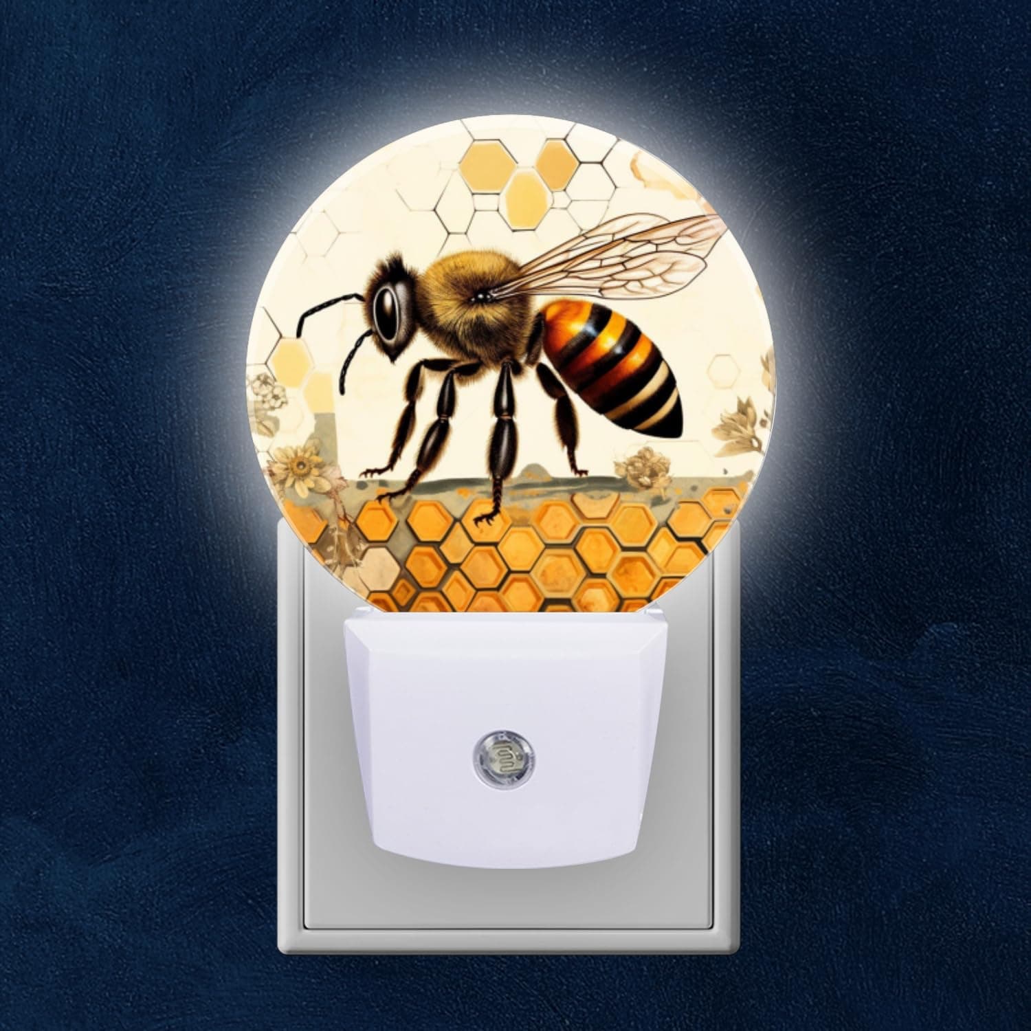 Mearafois Round LED Night Lights Lamp with Dusk to Dawn Sensor, Honey Bee On The Surface of Empty Beehive Night Light Plug Into Wall for Kids Room, Bedroom, Bathroom, Kitchen, Hallway