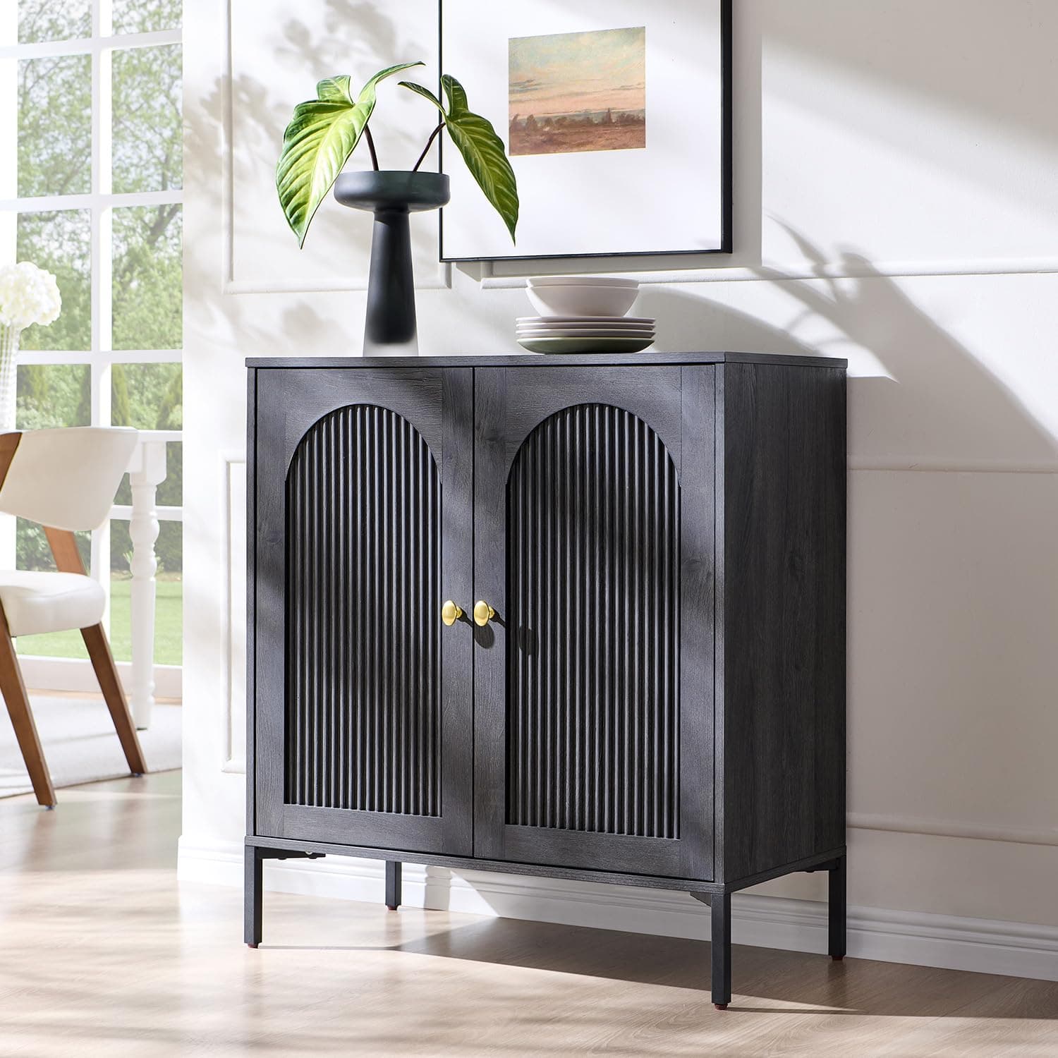 IFGET 34" Tall Modern Arch Sideboard Buffet Cabinet with Storage, Dark Grey