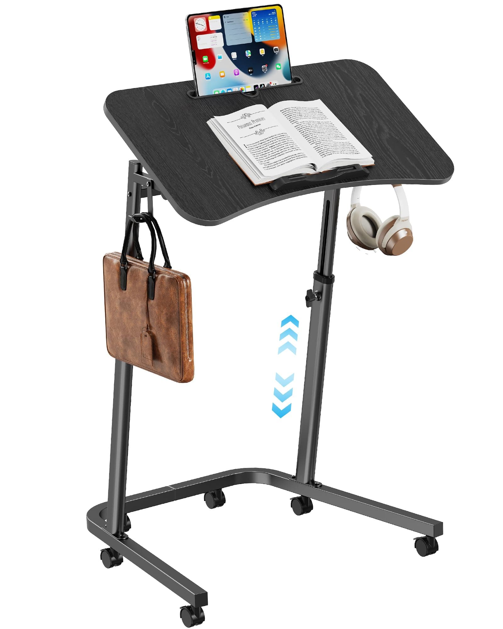 Podium Stand with Wheels, Height Adjustable Lectern Podium Stand, Rolling Portable Podium with Tilting Desktop, Mobile Teacher Lectern for Classroom Church Office Presentation (Black)