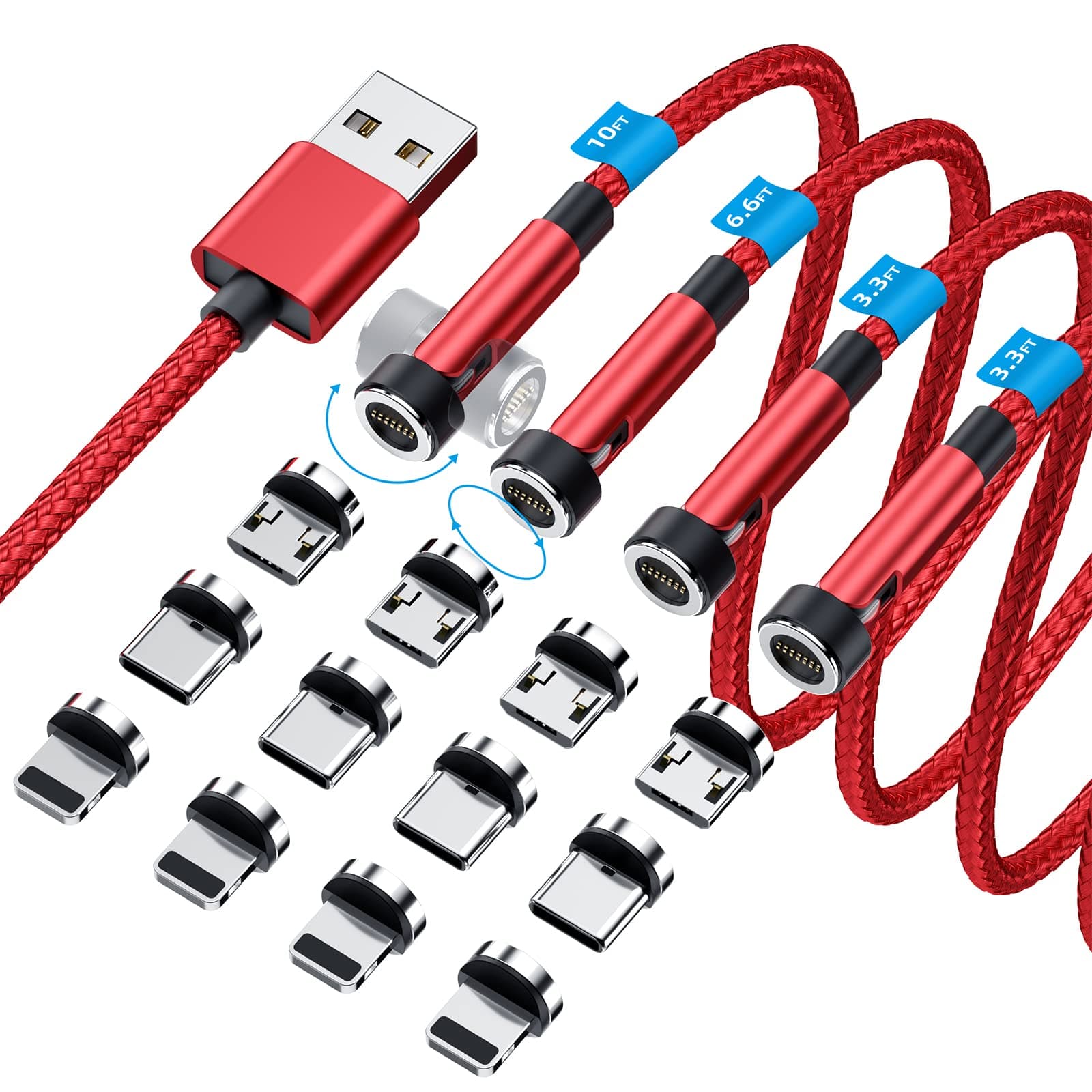 Ankndo 540° Rotation Magnetic Charging Cable, 3 in 1 Phone Charger [4-Pack, 3ft/3ft/6ft/10ft] 3A Fast Cable & Data Transfer for iPhone/Micro USB/Type C Device-Red