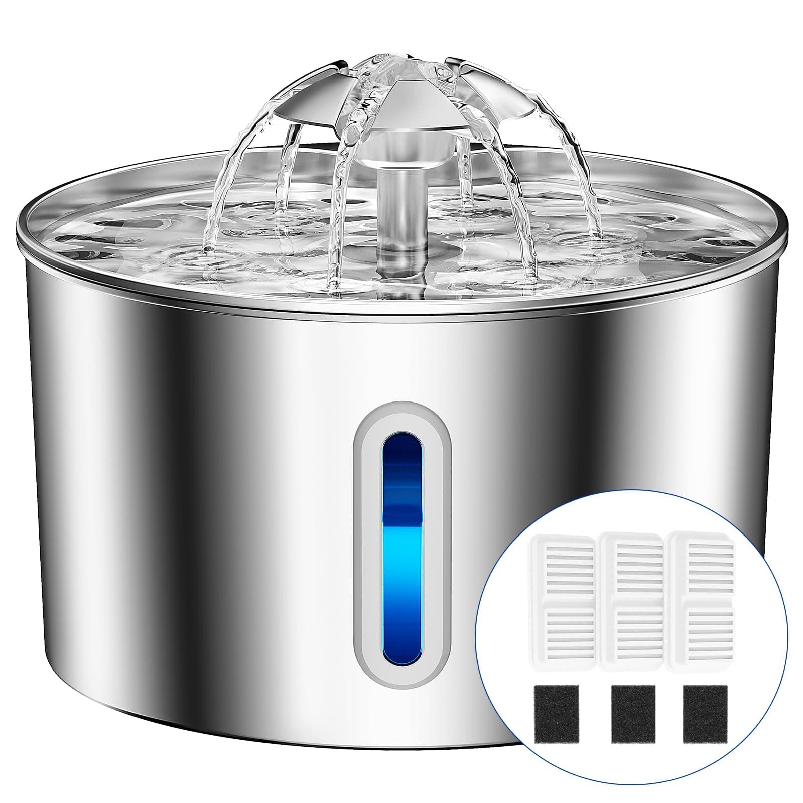 BalimoPet Cat Water Fountain for Drinking - 74oz/2.2L Cat Fountain Stainless Steel Flower Style, Silent Automatic Wired Pet Water Fountain Triple-Filter Water Fountain Cat Bowl 3 Filters 3 Sponges