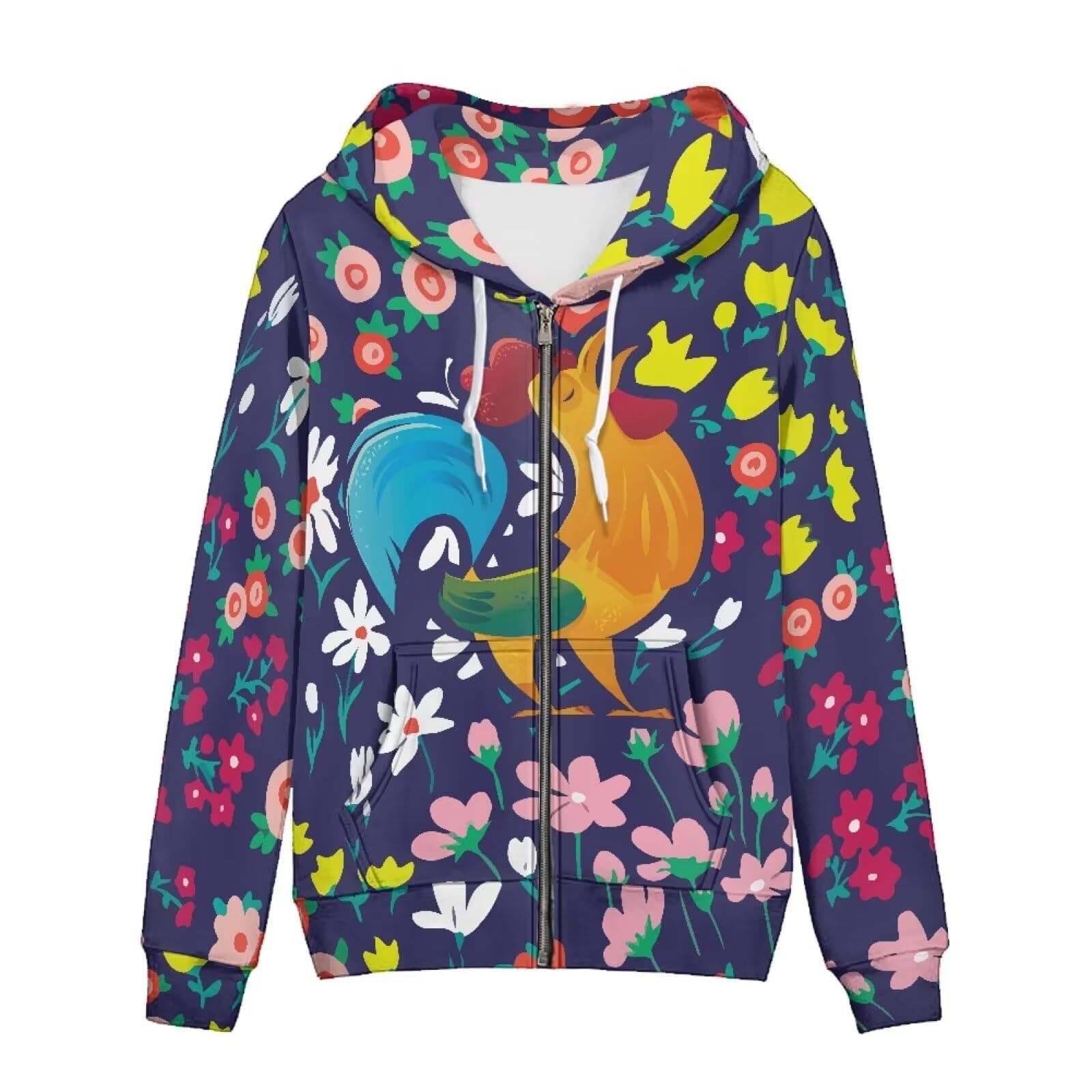 Womens Zip Up Hoodie Oversized Drawstring Jacket Long Sleeve Lightweight Fall Sweatshirt with Pockets, Rooster Chicken Flowers, 5X-Large