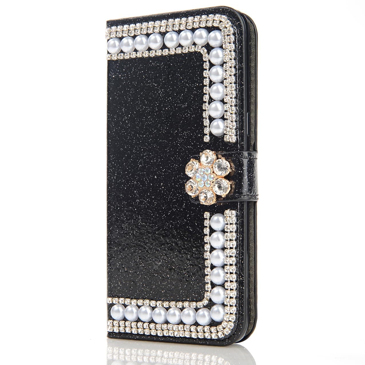 LXXZBC for iPhone 14 Pro Max 6.7" 6.7" Bling Case Luxury Leather Design Cute Shine Sparkly Diamond Glitter Pearl Flower Wallet Card Slots Phone Cover,Magnetic Clasp Stand for Women Girls,Black