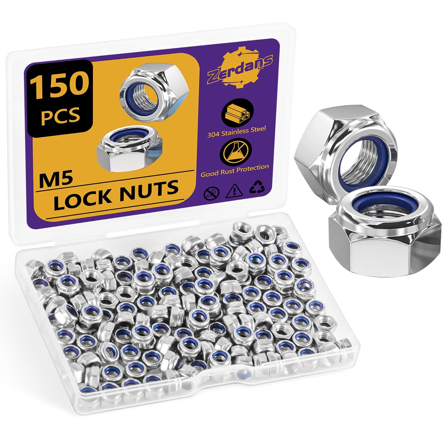 M5x0.8mm Nylon Insert Lock Nuts, 150pcs Hex Locknuts Metric (18-8) 304 Stainless Steel Self-Locking Nylon Assorted Hardware for Bolt for RC Cars 3D Printer