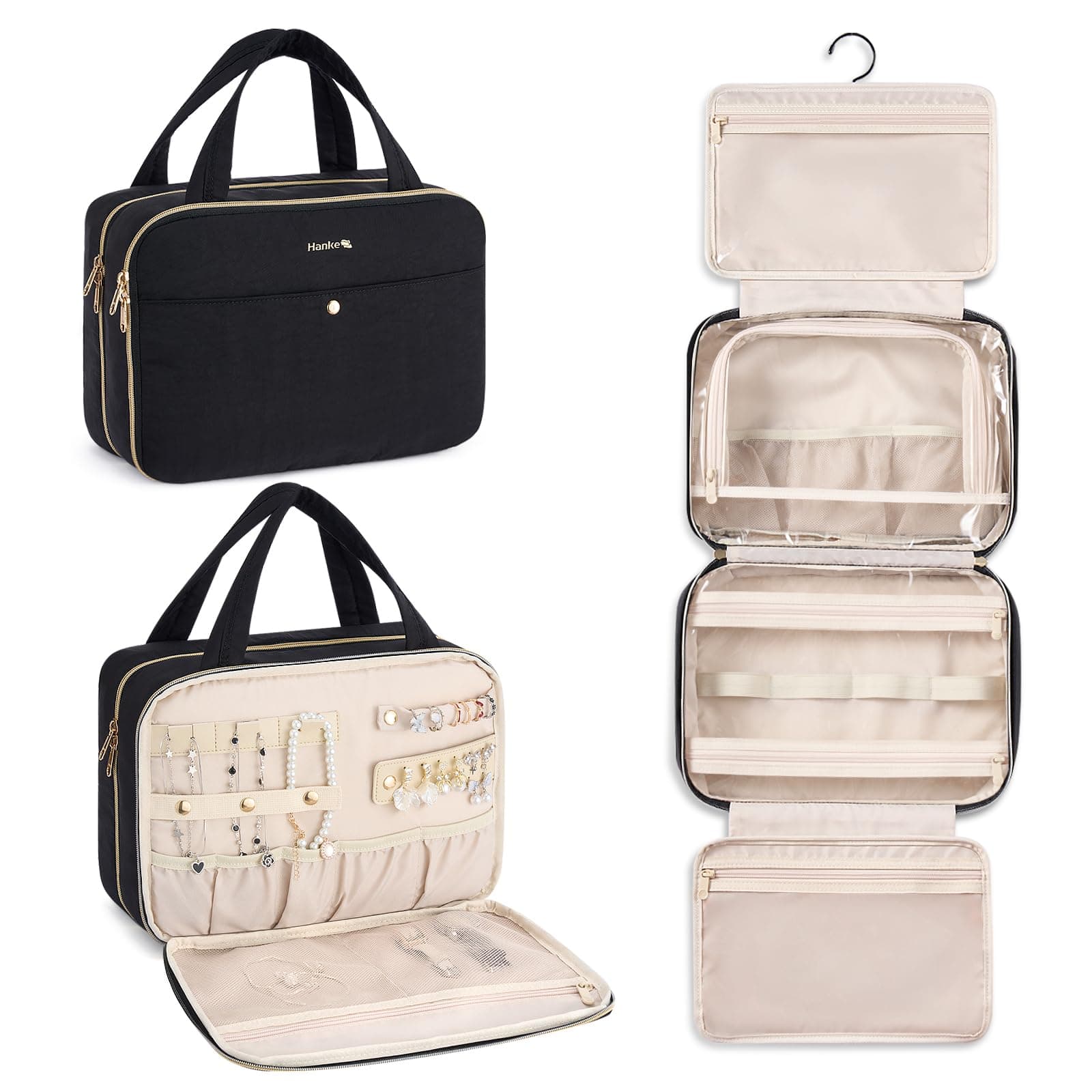 Hanke Hanging Travel Toiletry Bag for Women with Jewelry Organizer Compartment, Travel Essentials Toiletries and Makeup Bag, Water-Resistant & Stain-Resistant with Trolley Strap (Black)
