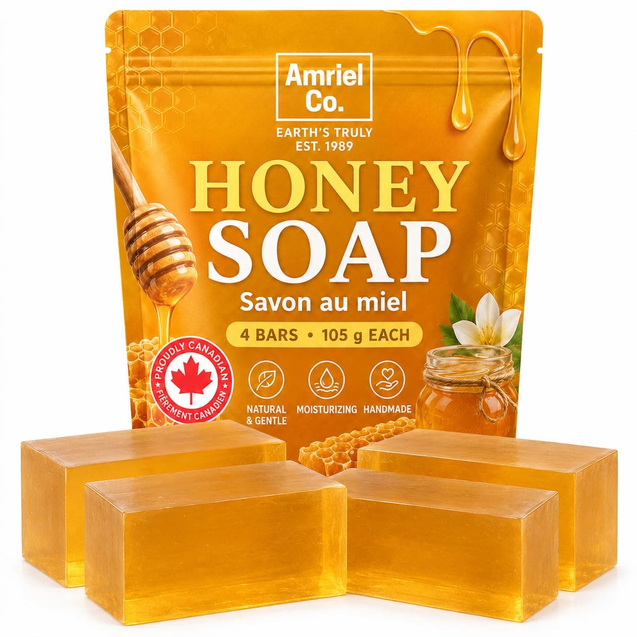 Honey Soap Bars | Pack of 4 | Honey, Glycerin & Botanical Oils | Moisture-Comfort Cleanse for Face, Hands & Body | Proudly Canadian | by Amriel Co.