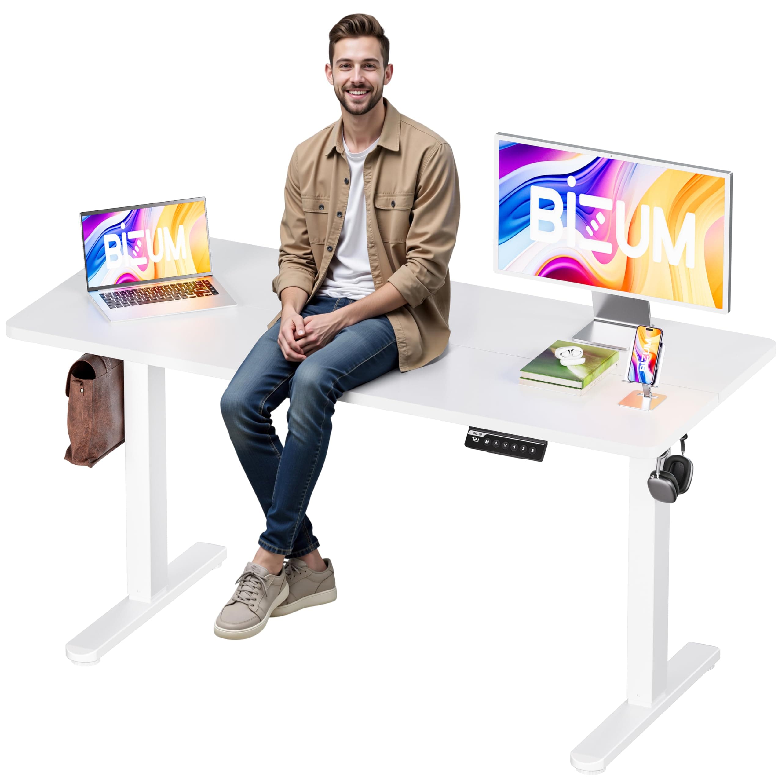BIZUM Electric Standing Desk, 55x24 inches (140x60cm) Height Adjustable Desk, Sit to Stand Desk Memory Gaming Computer Workstation for Home Office, White