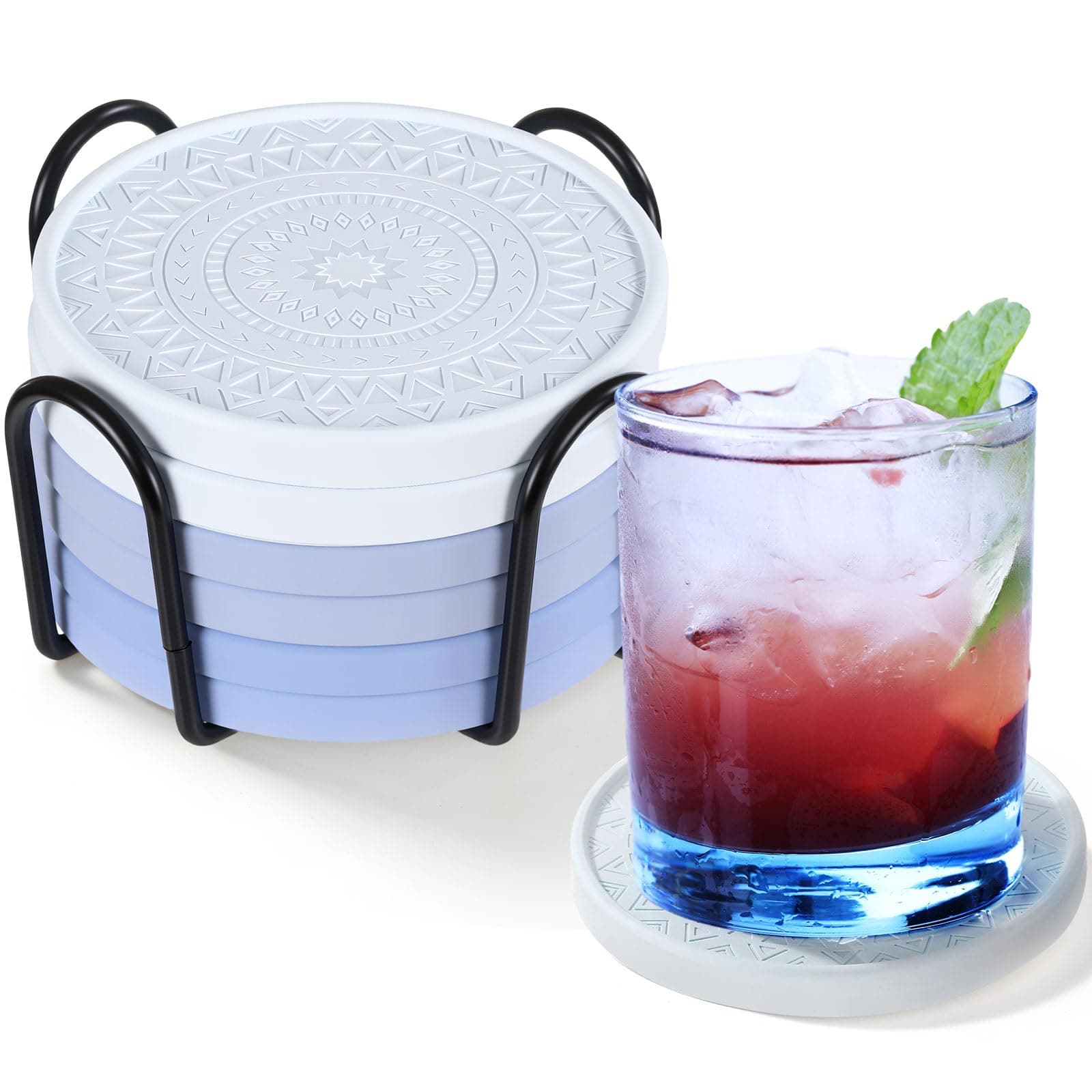 Photect Diatomaceous Earth Coasters Set with Holder Absorbent Stone Drink Coasters Instant Drying Tray for Tabletop Protection Home Decoration Housewarming Gift(Cyan,6 Pcs)