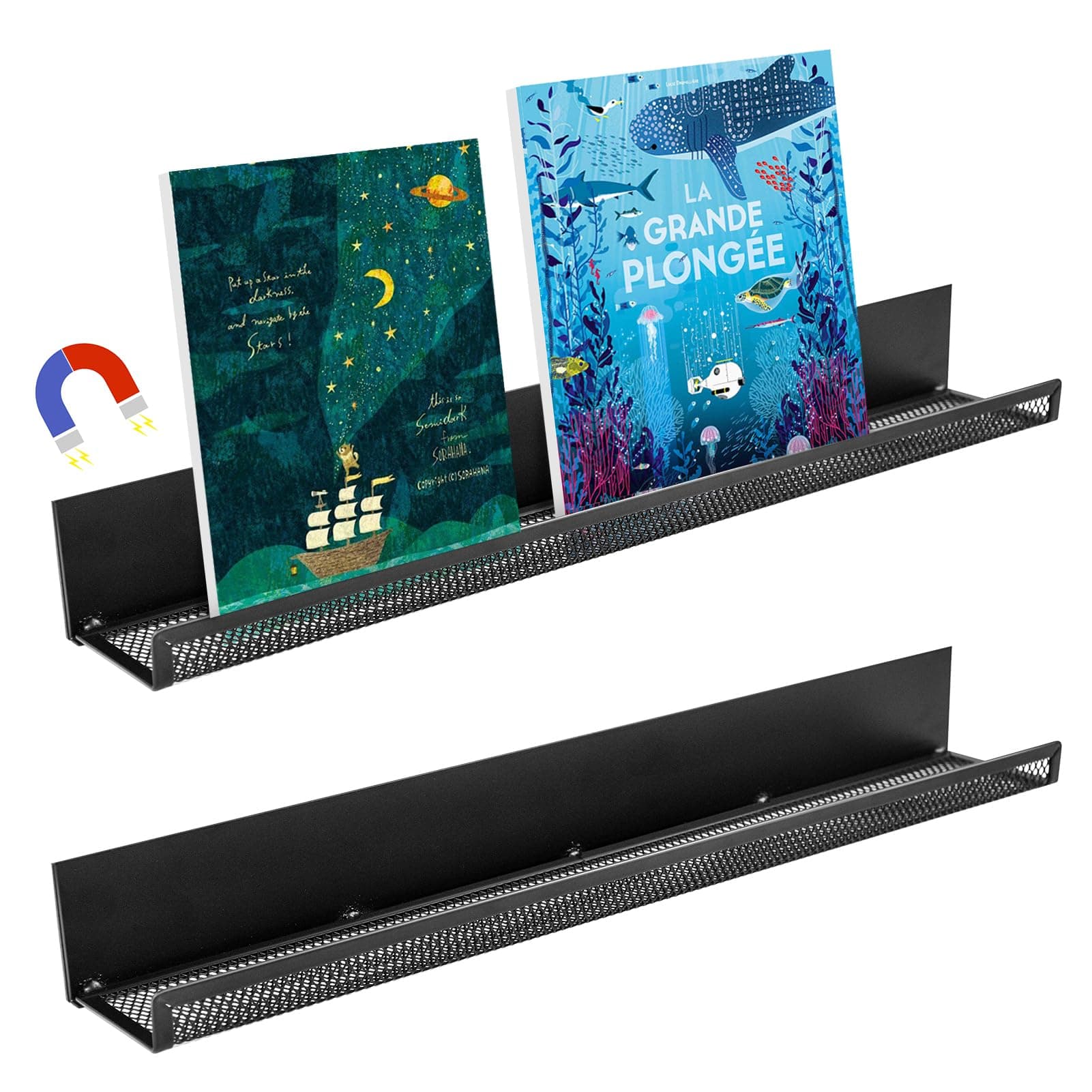2 Pack Magnetic Book Shelf for Whiteboard Classroom, 17In Black Metal Floating Book Display Shelves Heavy Duty Magnetic Bookshelf Holder Refrigerator Organizer for Kid Room Office Teacher Storage