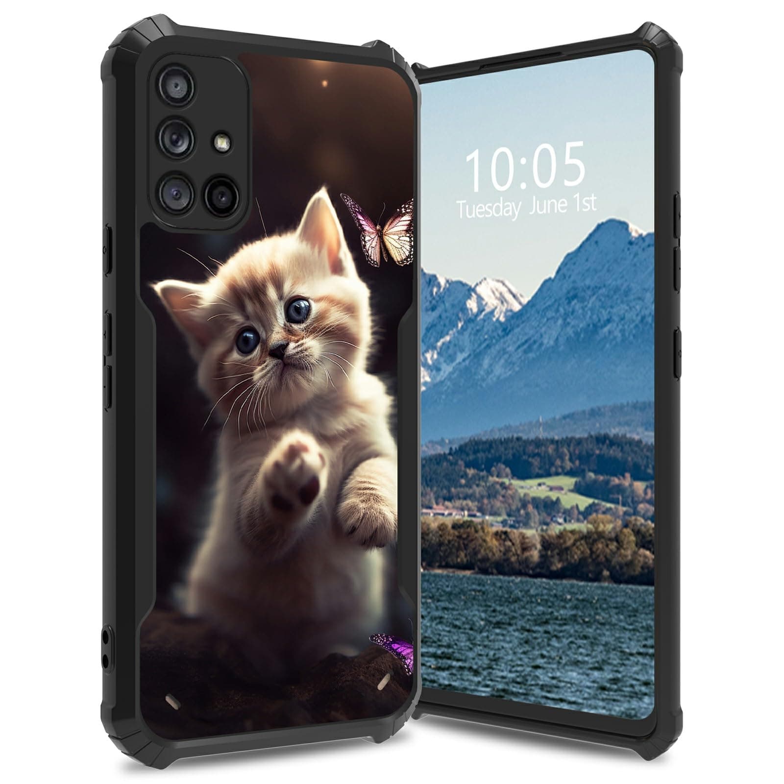 BFDHGQZC Case for Samsung Galaxy A71 4G,for Galaxy A71 4G Case Cat with Butterfly Theme Acrylic Back & Soft TPU Bumper Slim Shockproof Protective Cover for Samsung A71 4G