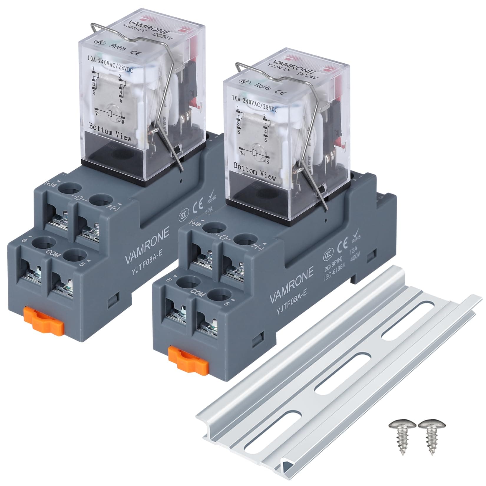 2PCS Electromagnetic Power Relay, 8-Pin 10A 24 DC Relay Coil with Socket Base, LED Indicator, DPDT 2NO 2NC - MY2NJ 2PCS [Applicable for DIN Rail System]