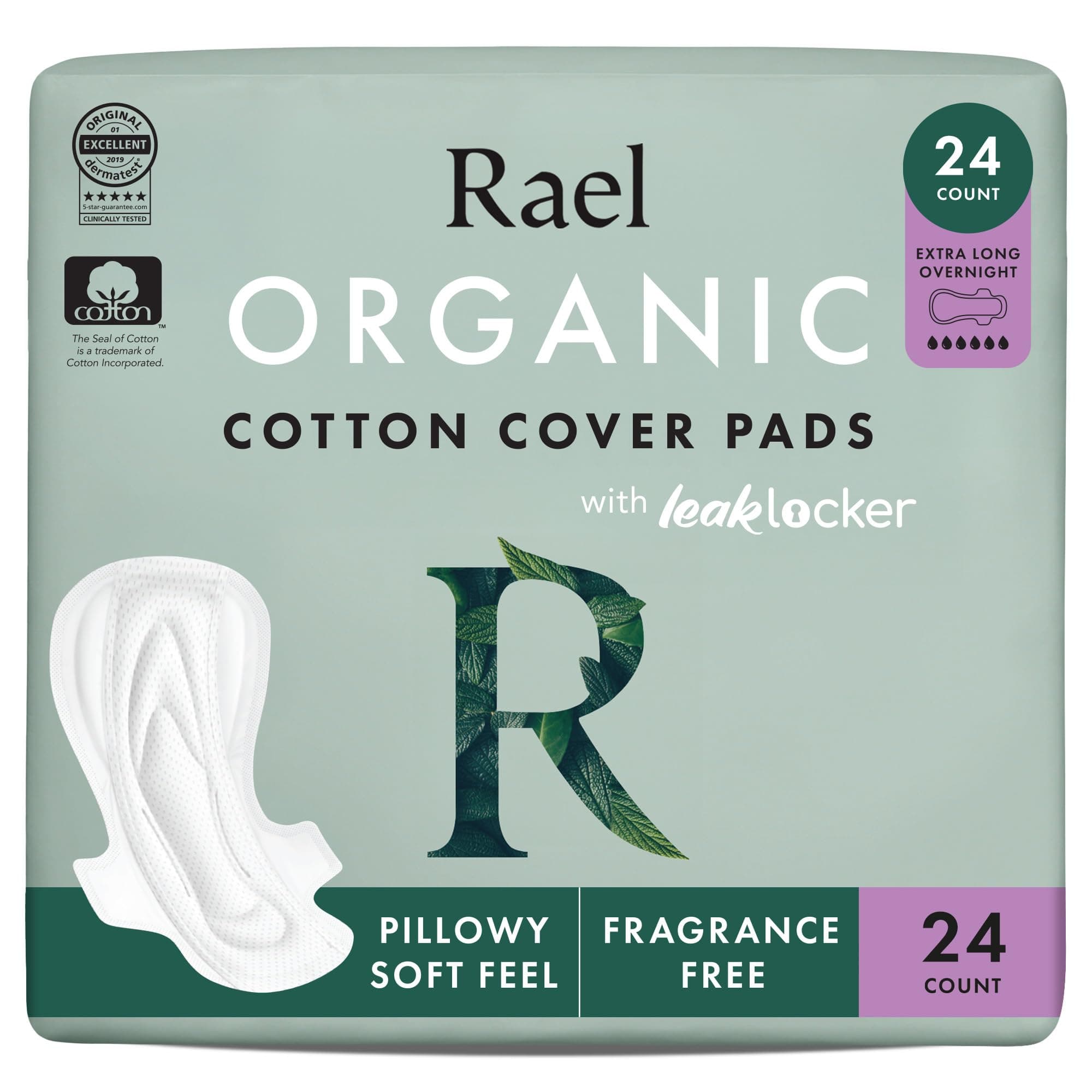 Rael Organic Cotton Cover Sanitary Pads for Women (XL Overnight, 24 Ct)