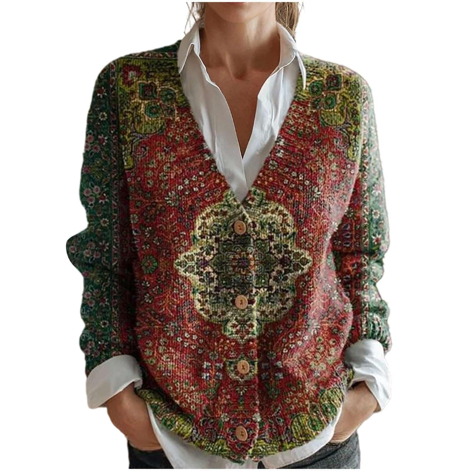 Boho Cardigans for Women UK V Neck Vintage Knitted Cardigan Open Front Sweater Long Sleeve Tops Christmas Jumpers Ethnic Style Pullover Button Down Casual Coat Winter Autumn Ladies Sweaters